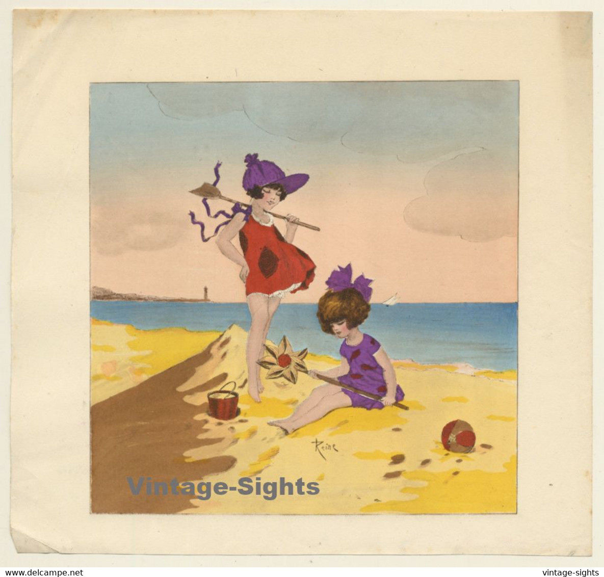 Reine: Young Girls Play On Beach (Vintage Art Nouveau Print ~1920s/1930s) - Art Nouveau / Art Deco