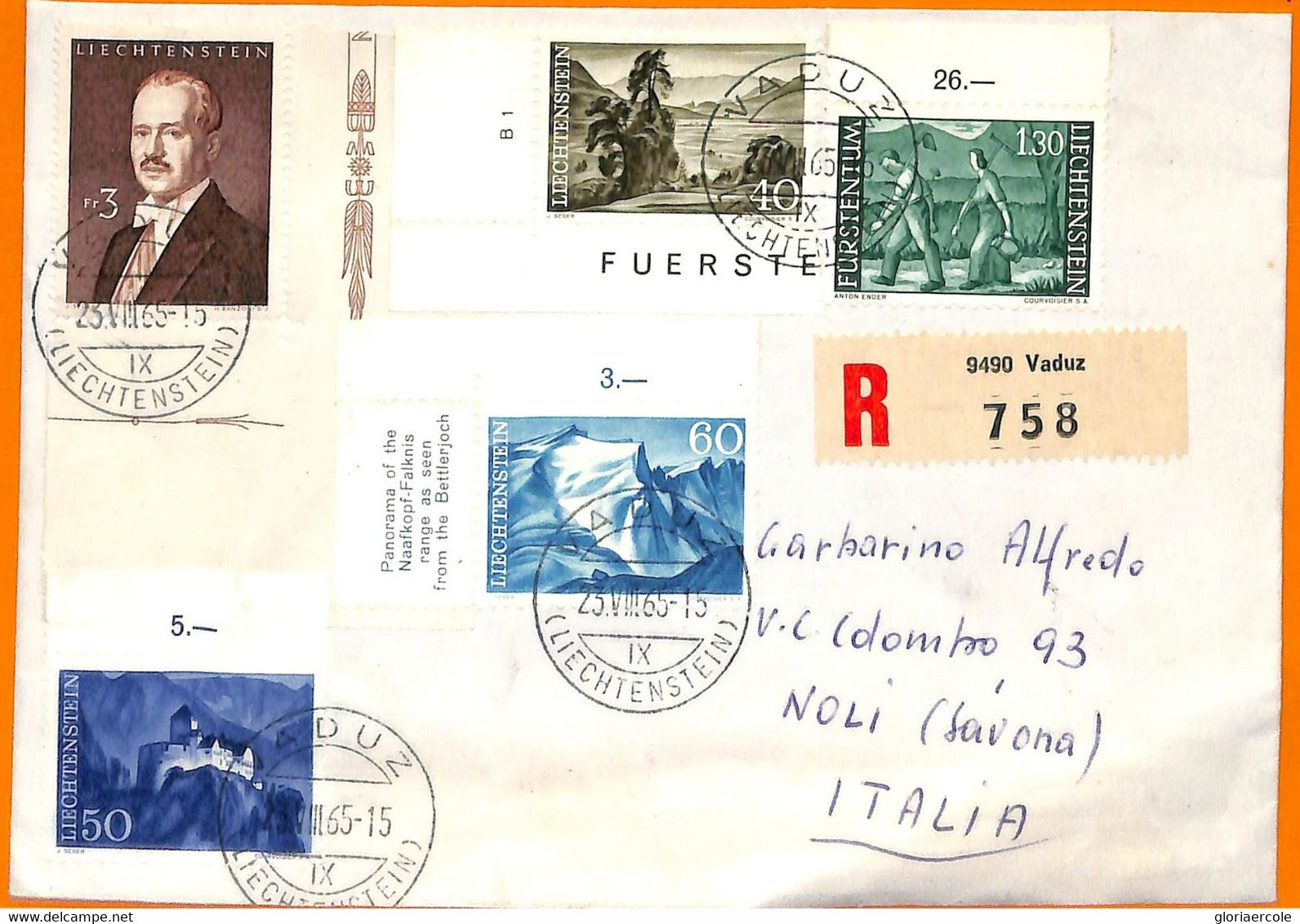 99325 - LIECHTENSTEIN - POSTAL HISTORY -  REGISTERED COVER To ITALY  1965 - Storia Postale