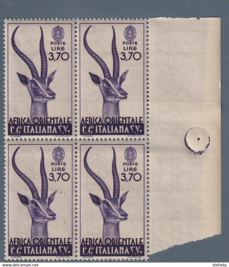 AFRICA ORIENTALE ITALIANA  1938  GAZZELLA DI GRANT LIRE 3,70   MNH** IN QUARTINA - Afrique Orientale