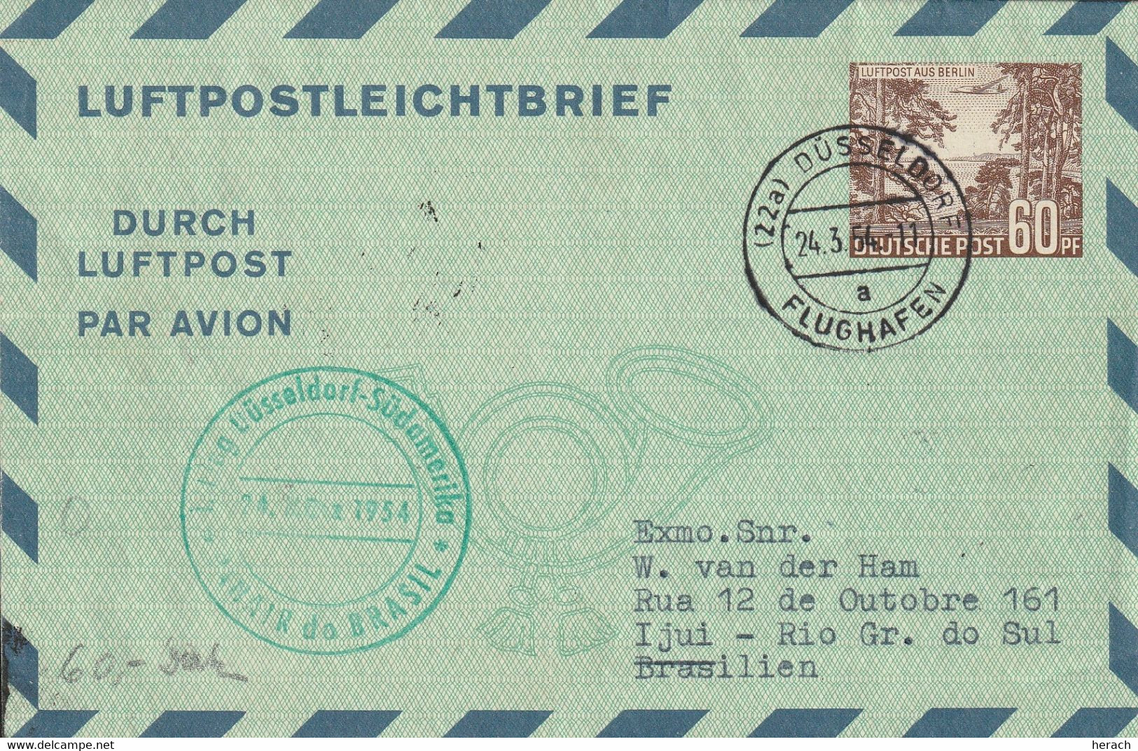 Allemagne Cachet Düsseldorf Aviation Sur Entier Postal Pour Le Brésil 1954 - Private Covers - Used