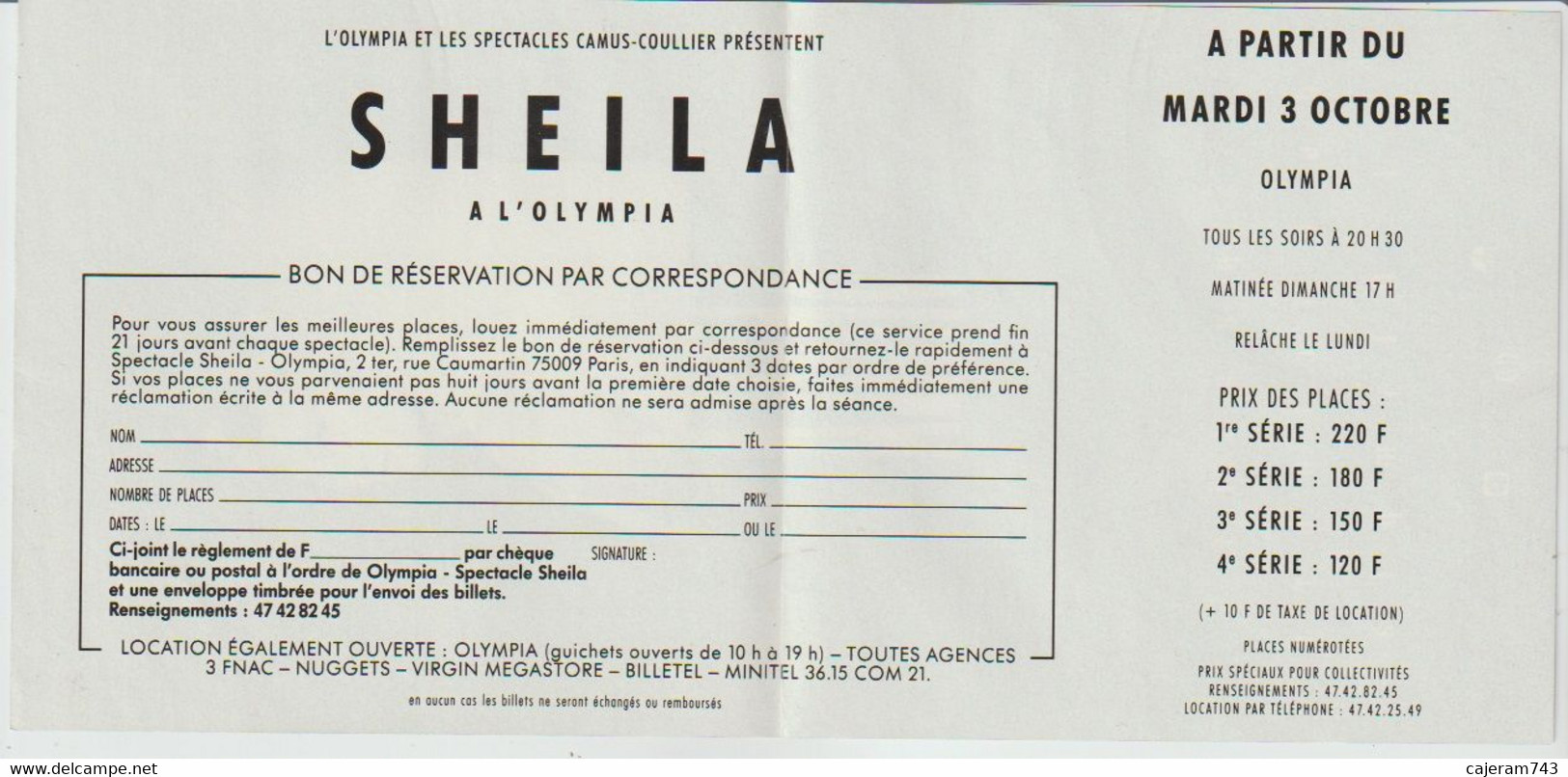 SHEILA - BON De RESERVATION "A L'OLYMPIA" - 10cm X 21cm - NEUF RARE - - Biglietti Per Concerti
