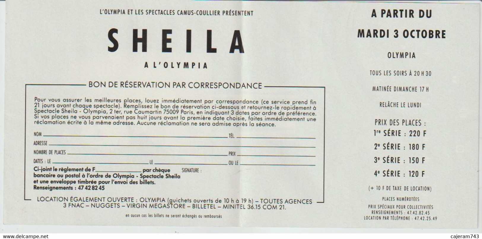 SHEILA - BON De RESERVATION "A L'OLYMPIA" - 10cm X 21cm - NEUF RARE - - Konzertkarten