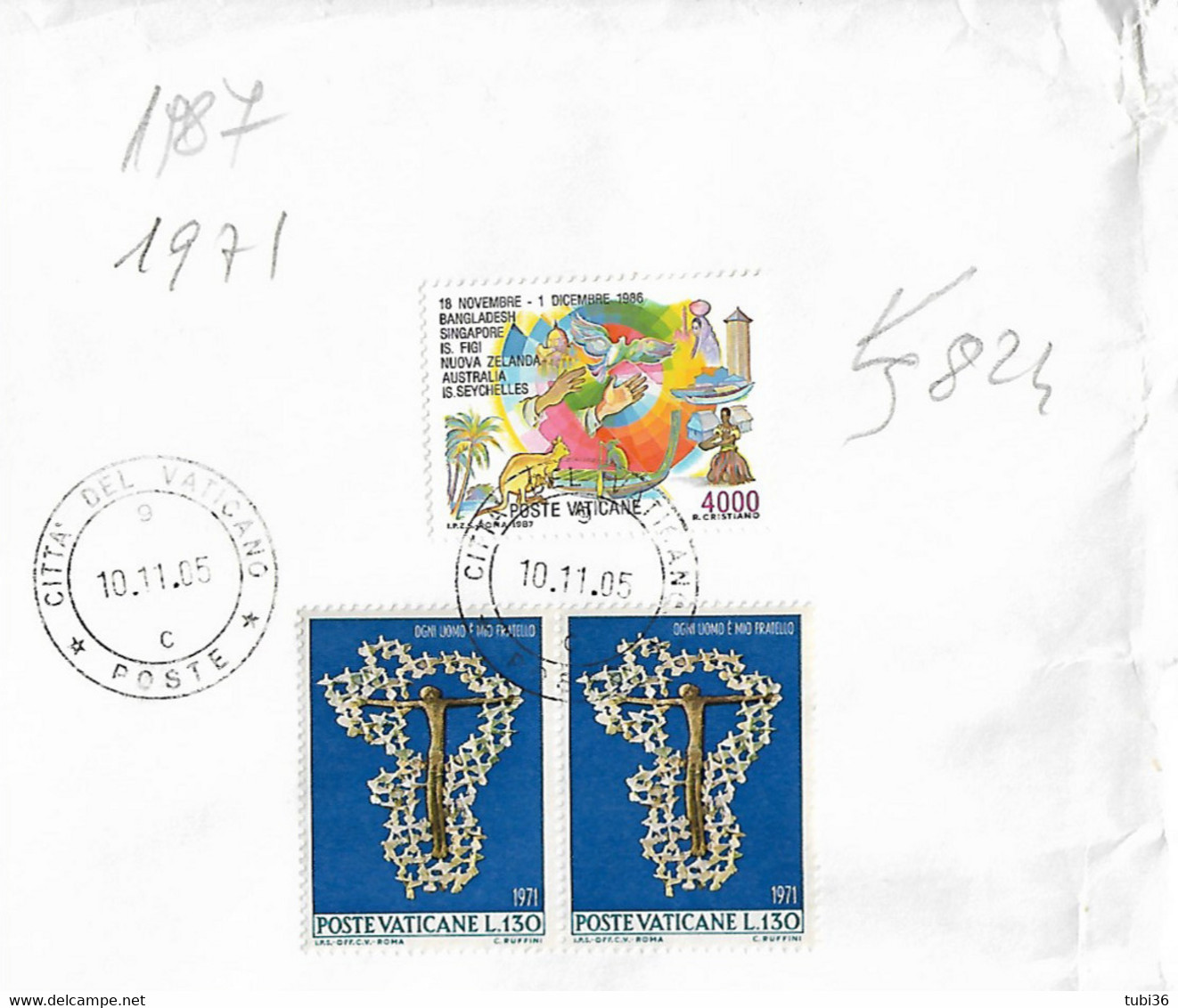 VATICANO,"1971 OGNI UOMO E MIO FRATELLO £,130x2+1987 SINGAPORE £.4000-,PRIORITARIA 2005-TIMBRO POSTE CITTA DEL VATICANO - Storia Postale