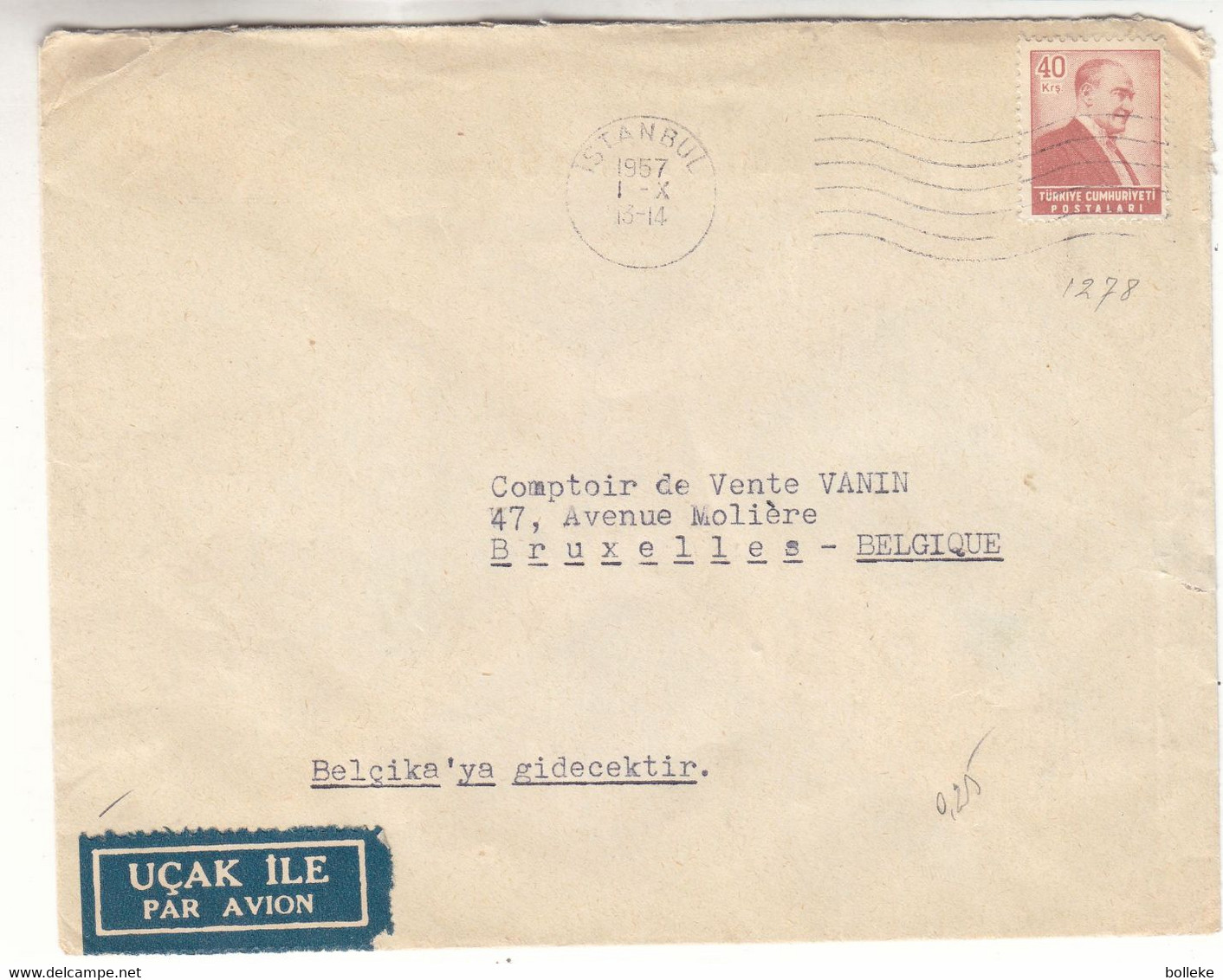 Turquie - Lettre De 1957 ° - Oblir Istanbul - Exp Vers Bruxelles - - Briefe U. Dokumente