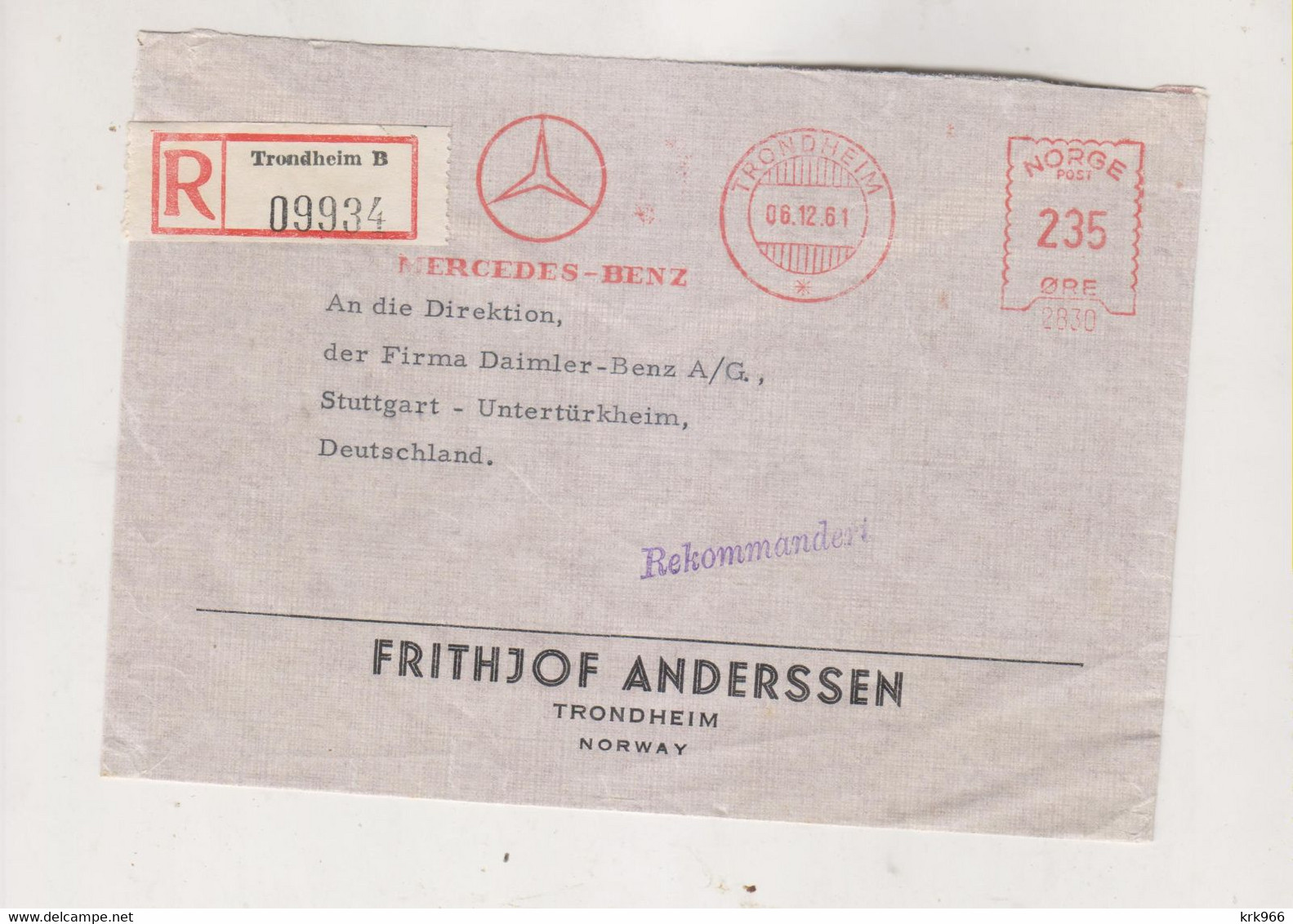 NORWAY TRONDHEIM   1961 Nice Registered   Cover To Germany Meter Stamp - Lettres & Documents