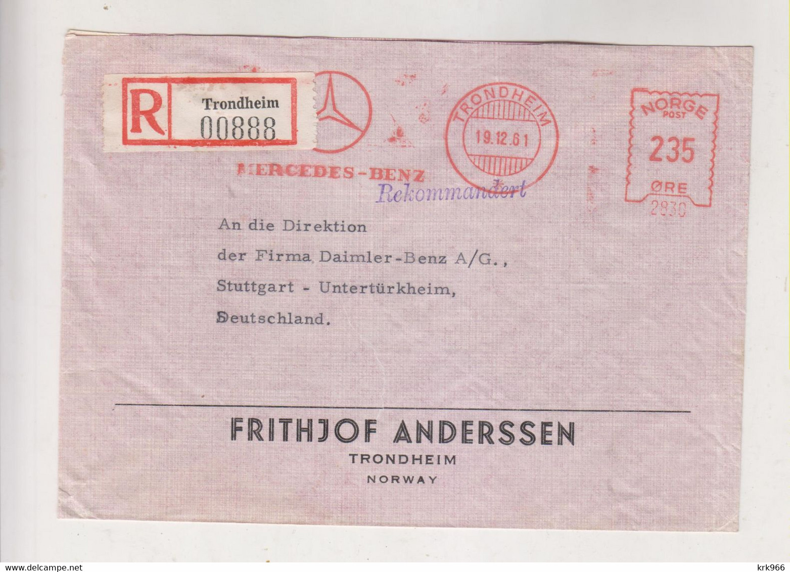 NORWAY TRONDHEIM   1961 Nice Registered   Cover To Germany Meter Stamp - Lettres & Documents