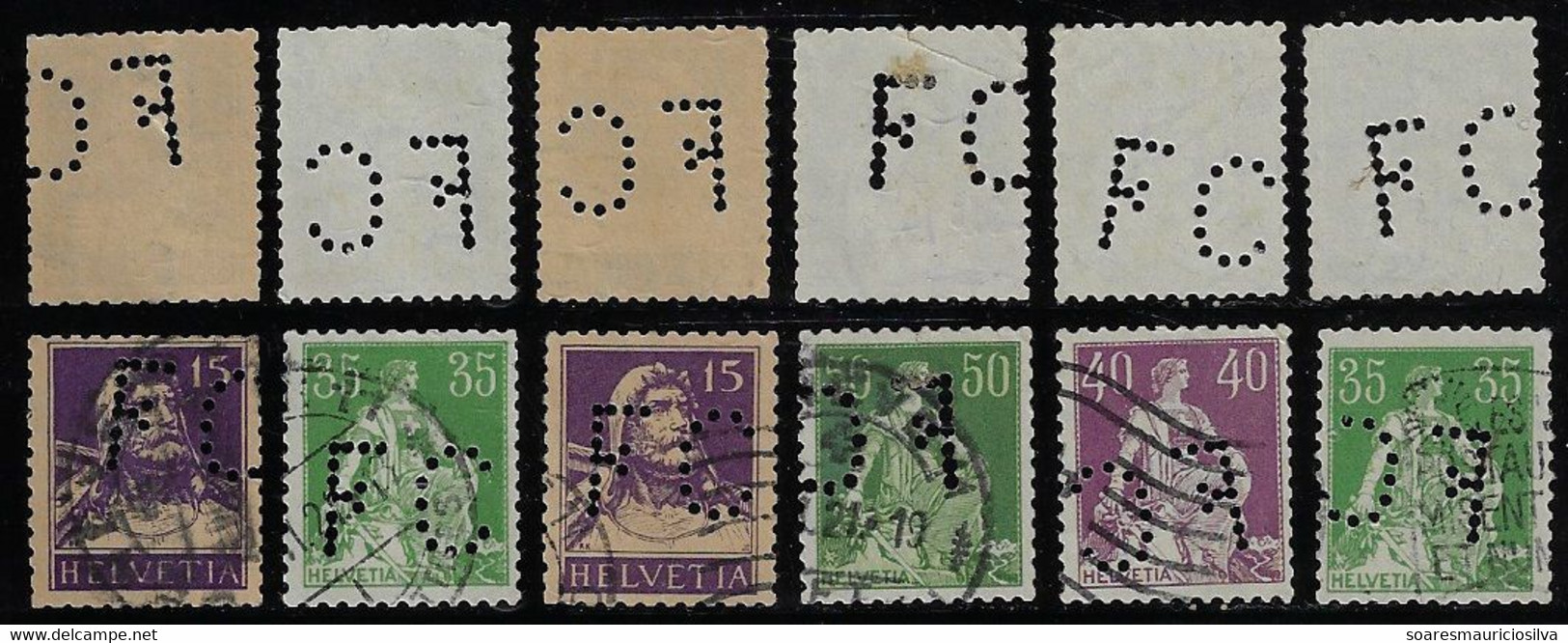 Switzerland 1900/1925 6 Stamp With Perfin FC By Flegenheimer & Cie Ribbons And Silks from Geneve Lochung Perfore - Perfins