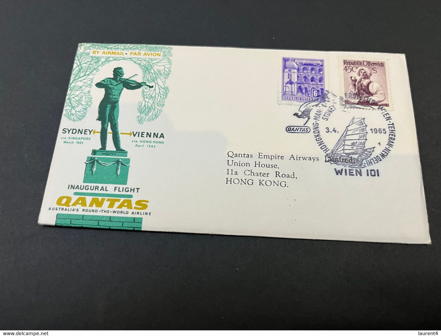 (1 K 22) Australia - Sydney To Vienna , Austria QANTAS (airways) Hong Kong Postmark - First Flight FDC Cover - 1965 - Premiers Vols