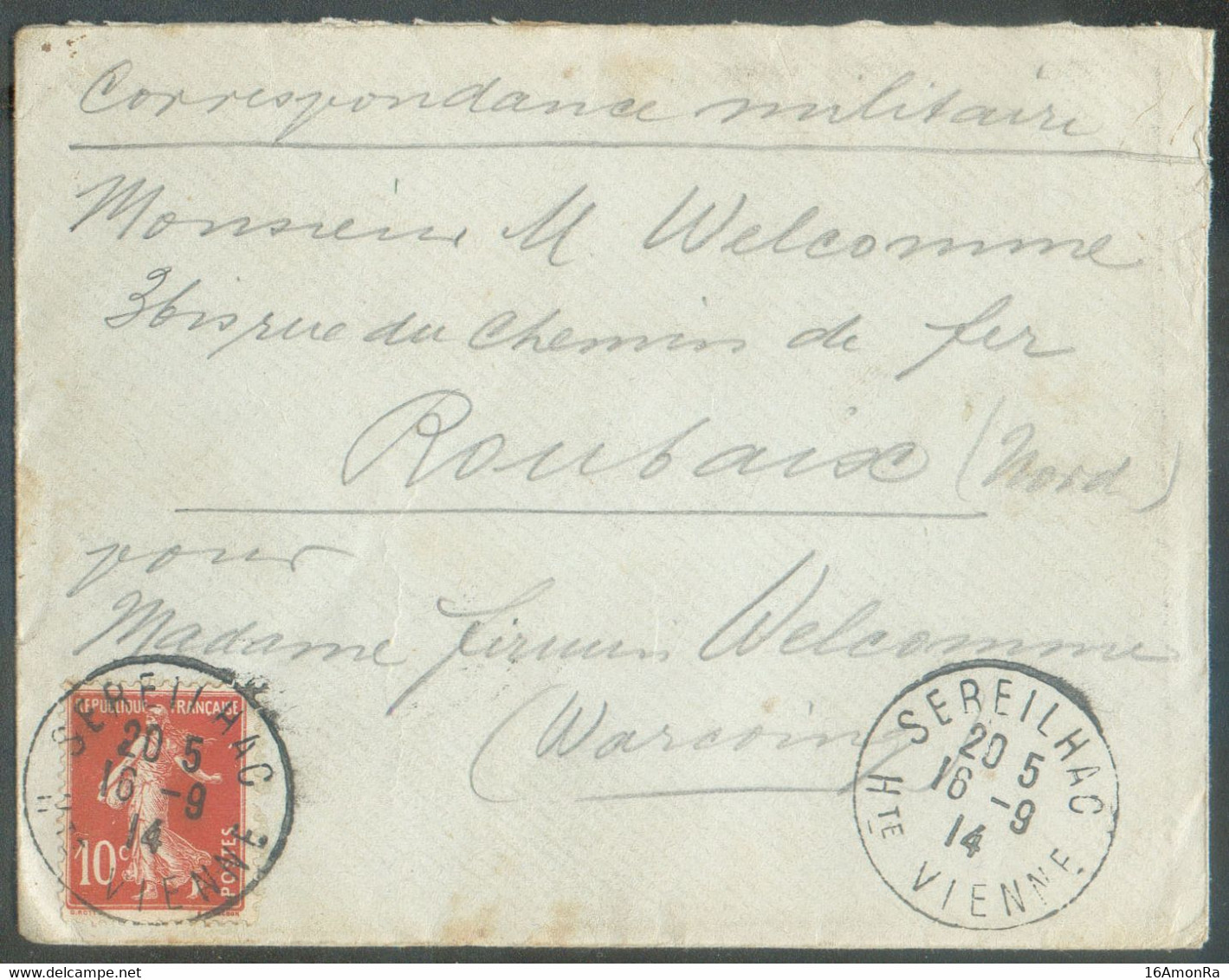 SMOKKEL France 10 Centimes Semeuse Obl. Sc SEREILLAC Hte Vienne Sur Enveloppe Du 16-9-1914 Vers Roubaix (Fr), Correspond - Sonstige & Ohne Zuordnung