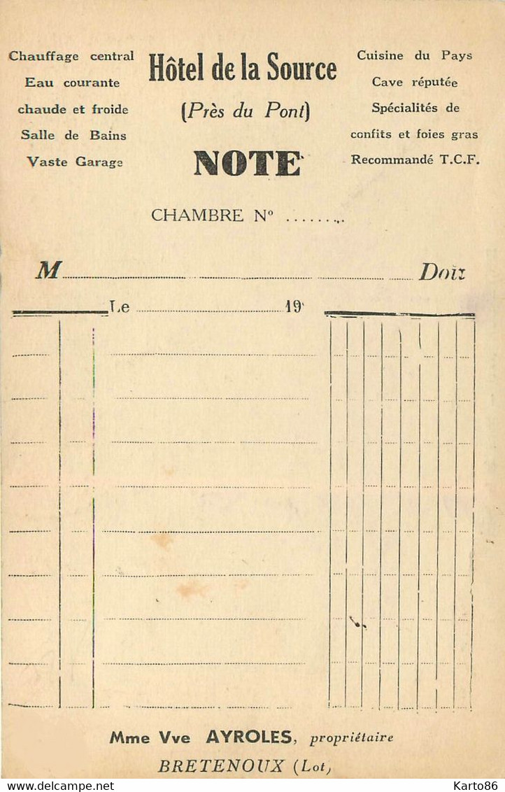 Bretenoux * Hôtel De La Source Mme Veuve AYROLES Propriétaire * Pompe à Essence * Commerce * PUB Au Dos - Bretenoux