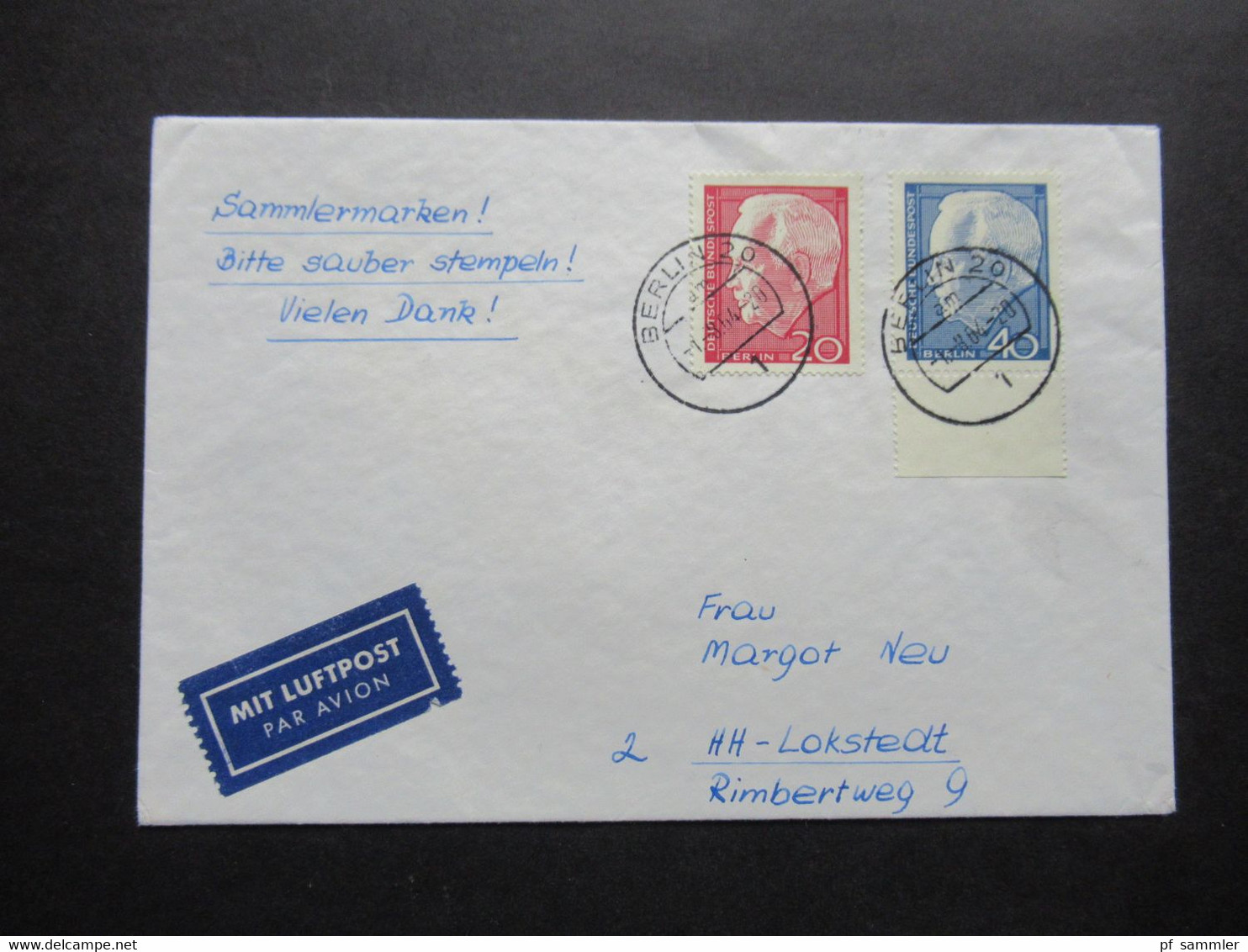 Berlin (West) Heinrich Lübke Nr.234 / 235 Satzbrief Tagesstempel Berlin 20 Nach Hamburg Mit Luftpost - Briefe U. Dokumente