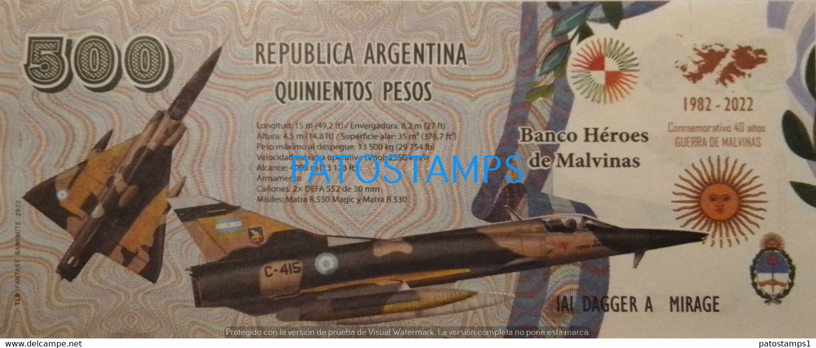 192457 BILLETE FANTASY TICKET 500 BANK ARGENTINA UK ISLAS MALVINAS FALKLAND ISLANDS AVIATION DAGGER A MIRAGE NO POSTCARD - Kilowaar - Bankbiljetten