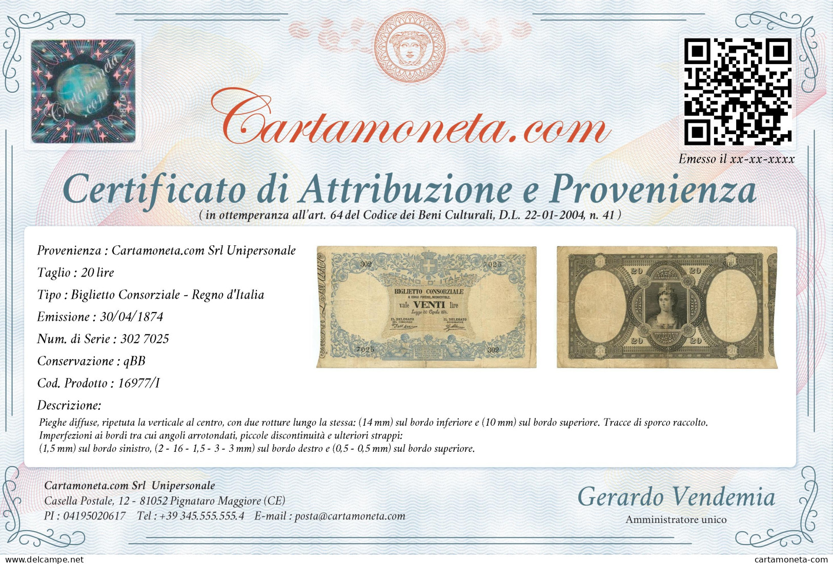 20 LIRE BIGLIETTO CONSORZIALE REGNO D'ITALIA 30/04/1874 QBB - Biglietti Consorziale