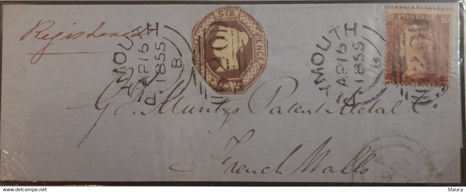 UK GB GREAT BRITAIN 1855 7d Internal Rate Registered Front Part Cover 6d Embossed + 1d Red Plymouth To FrenchMalls - Brieven En Documenten