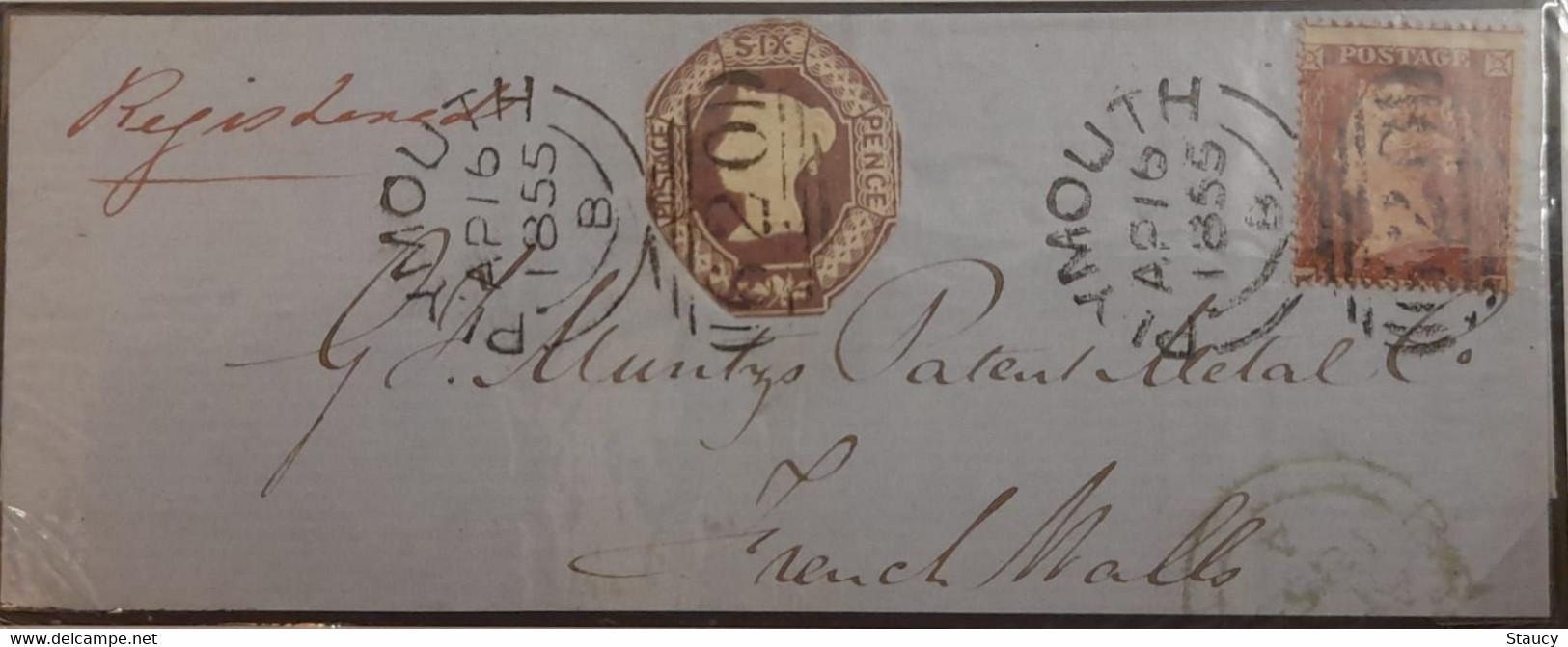 UK GB GREAT BRITAIN 1855 7d Internal Rate Registered Front Part Cover 6d Embossed + 1d Red Plymouth To FrenchMalls - Lettres & Documents