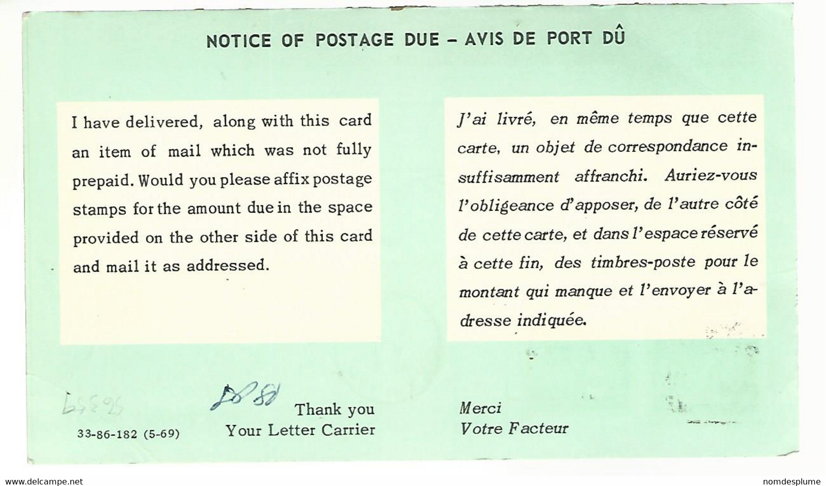 56359 ) Canada Post Card Halifax Postmark 1973 Notice Of Postage Due - Cartes Illustrées Officielles