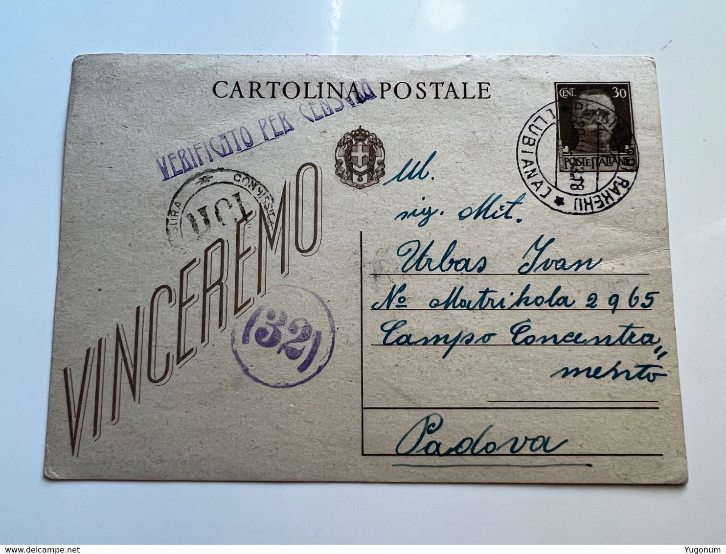Yugoslavia Slovenia Italy WWII 1943 Card With Stamp PLANINA Pri Rakeku Sent To PADOVA Concentration Camp (No 1019) - Lubiana