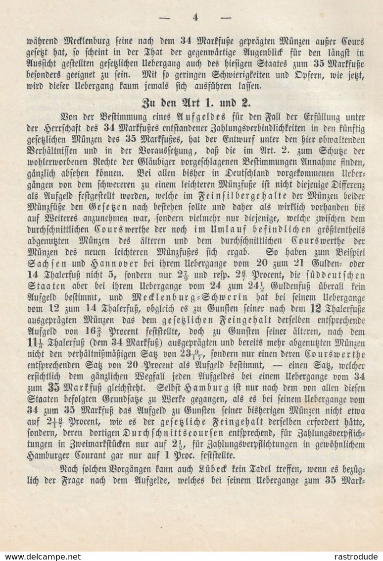 1856 LÜBECK DOKUMENT MÜNZGESETZ ENTWURF - EINFÜHRUING DES PREUSSISCHEN THALERS - SELTEN