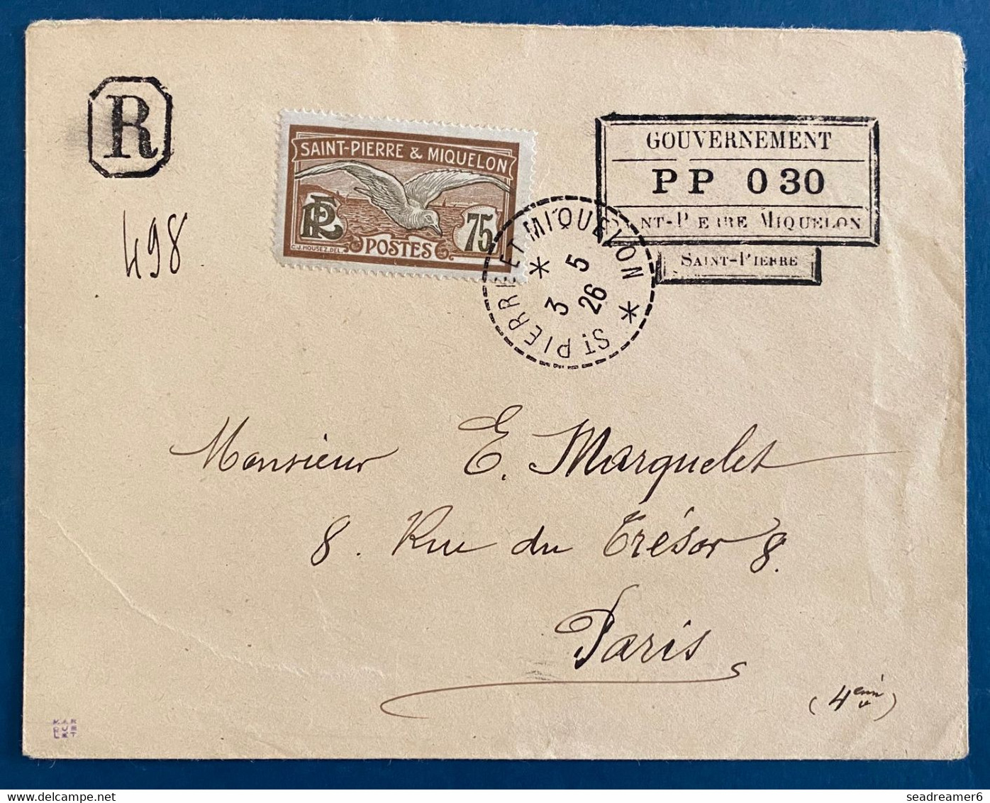 Lettre Recommandée Griffe Provisoire St Pierre & Miquelon 1926 PP 0 30 Du 3 5 1926 Pour Paris à L'expert MARQUELET Signé - Covers & Documents