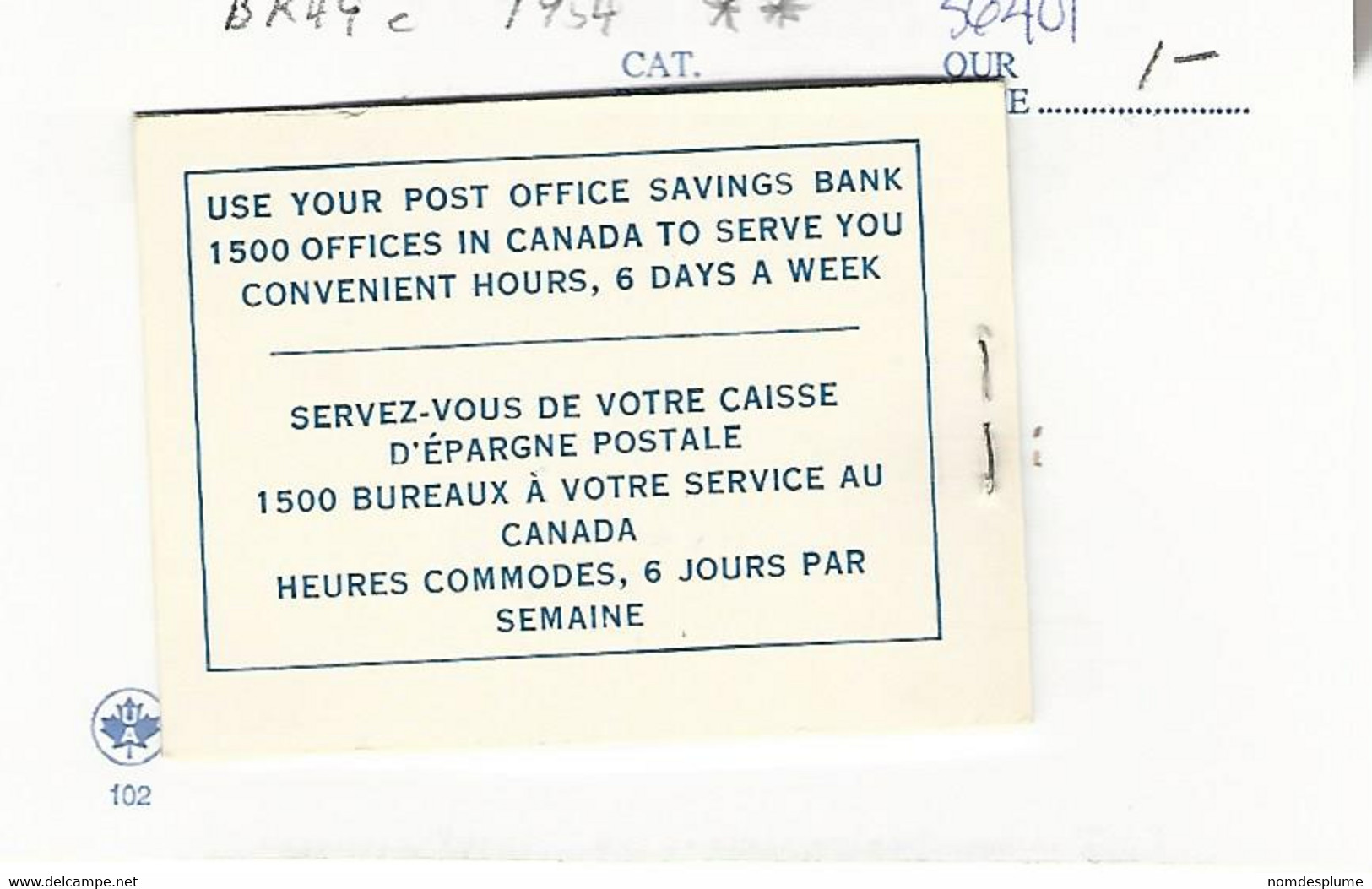 56401 ) Canada Booklet  1954 - Pages De Carnets