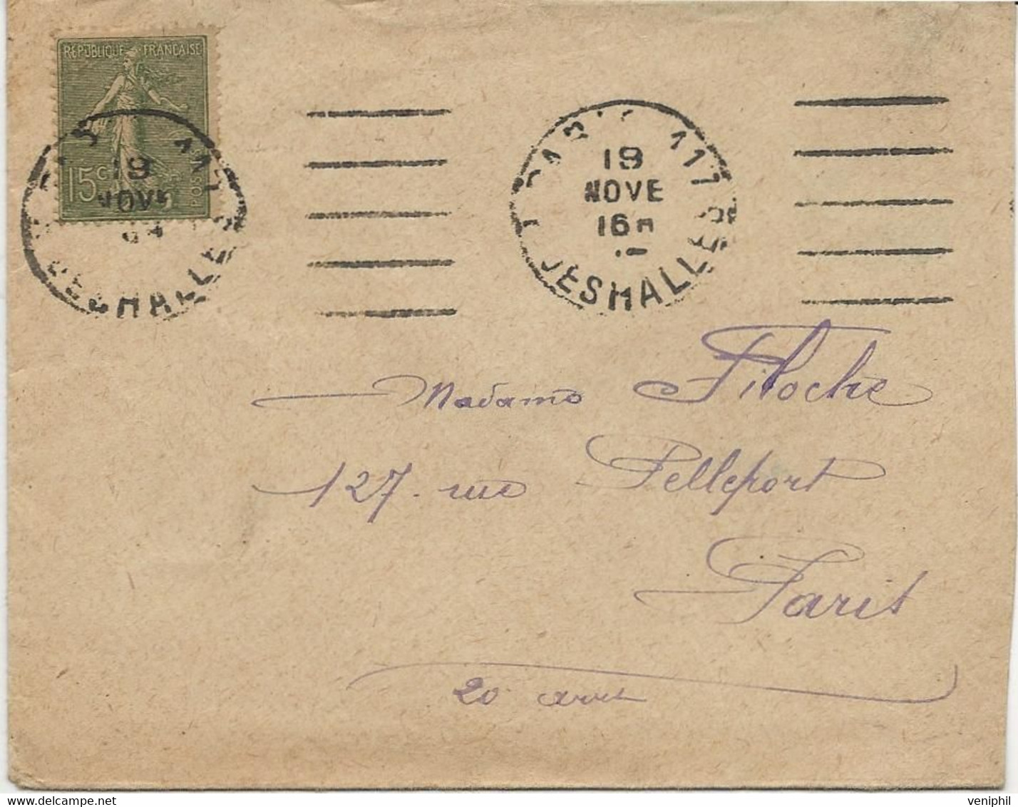 LETTRE AFFRANCHIE N° 130  OBLITERATION 5 DEMI LIGNES X 2 AVEC CAD PARIS 117  RUE DES HALLES -1913-15 - Mechanical Postmarks (Other)