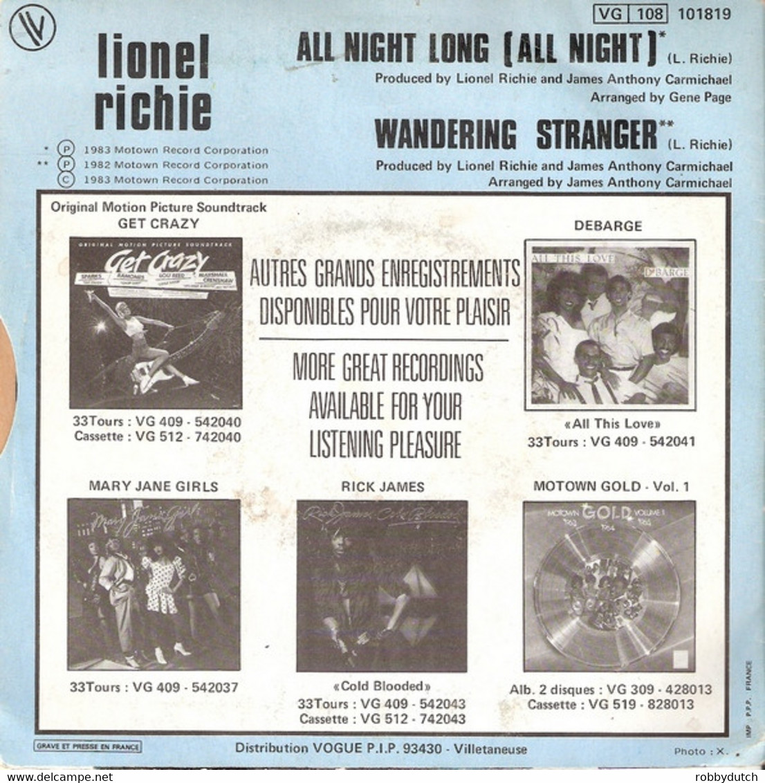 * 7" "  LIONEL RICHIE - ALL NIGHT LONG (France 1983) - Soul - R&B