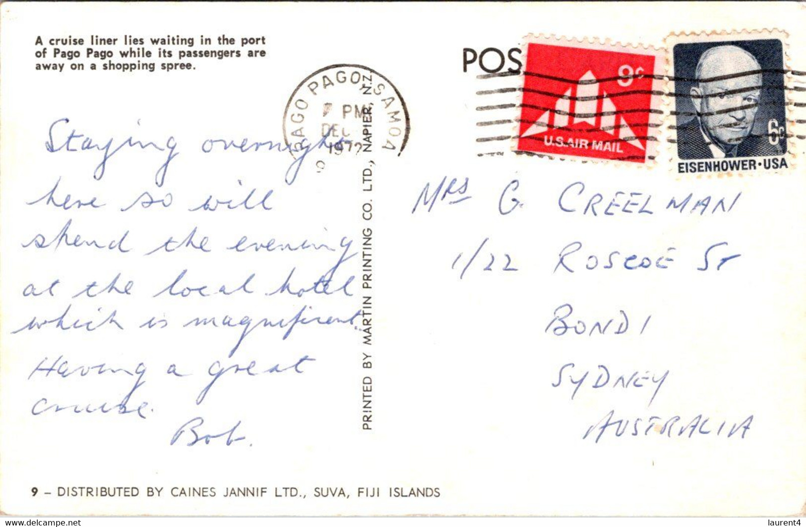 (1 K 48) (OZ) US Samoa Island - Cruise Ship In Pago Pago (posted With 2 USA Stamps To Australia In 1972) - American Samoa