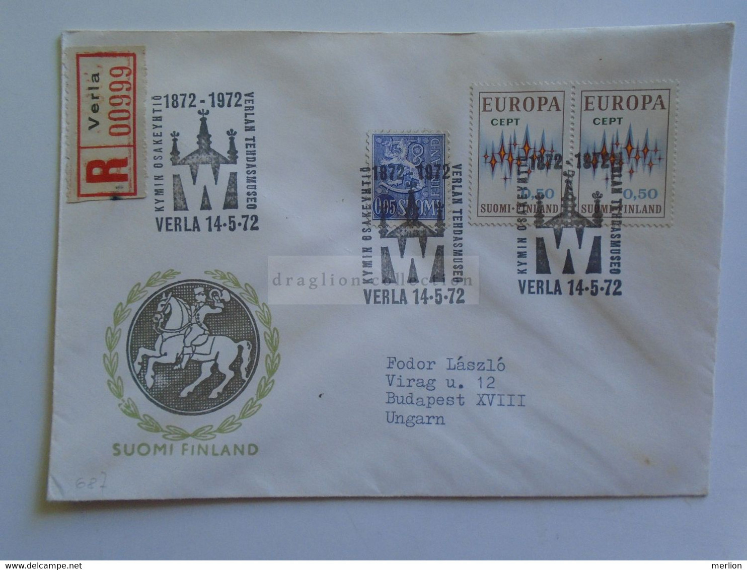 D179705     Suomi Finland Registered Cover - Cancel VERLA  Tehdasmuseo - 1972 - CEPT Europa   Sent To Hungary - Storia Postale