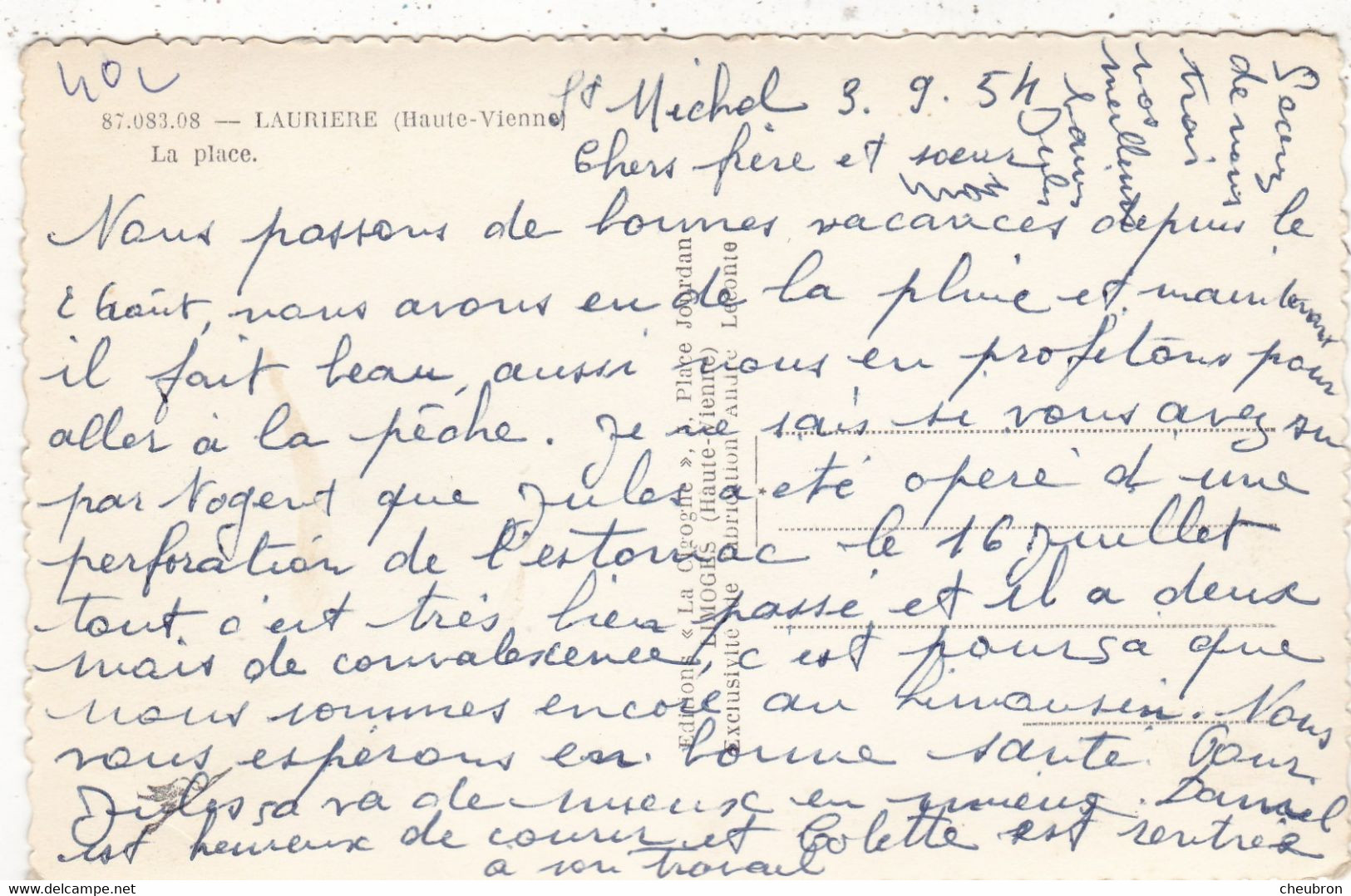 87. LAURIERE. CPA.  LA PLACE. + TEXTE ANNEE 1954 - Lauriere