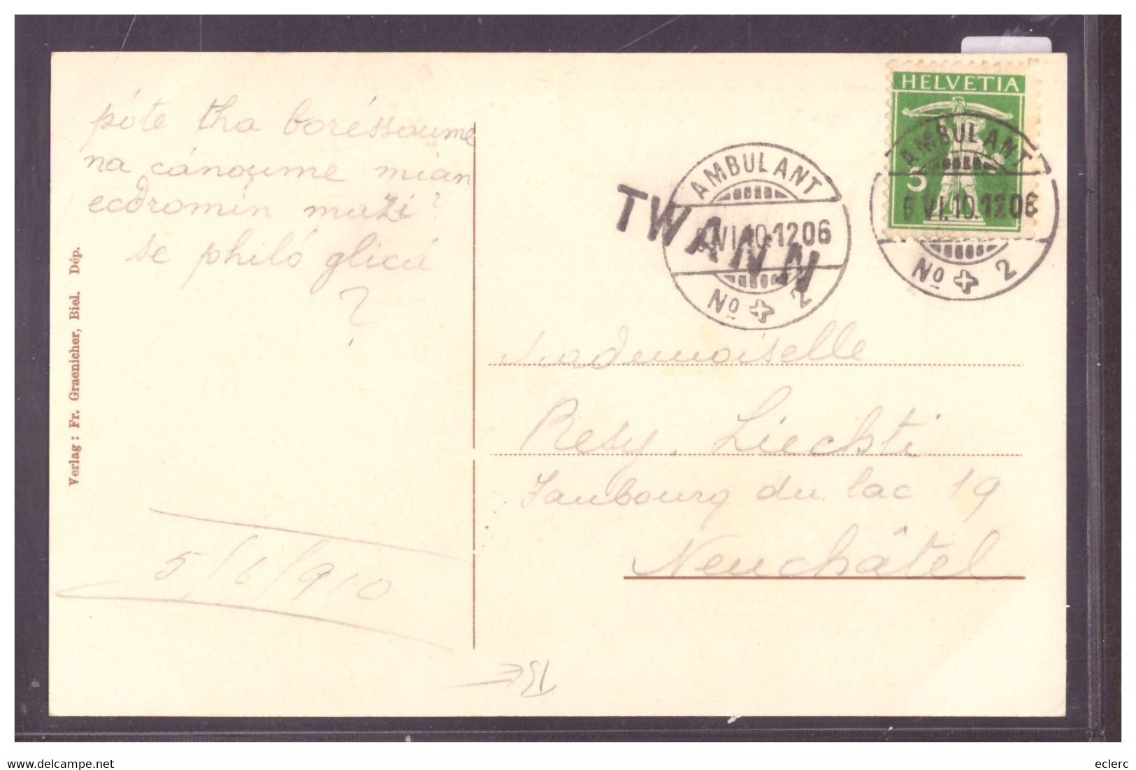 DOUANNE - TWANN - RÜCKS.: CACHET LINEAIRE " TWANN " - SONDERSTEMPEL - Tb - Douanne-Daucher