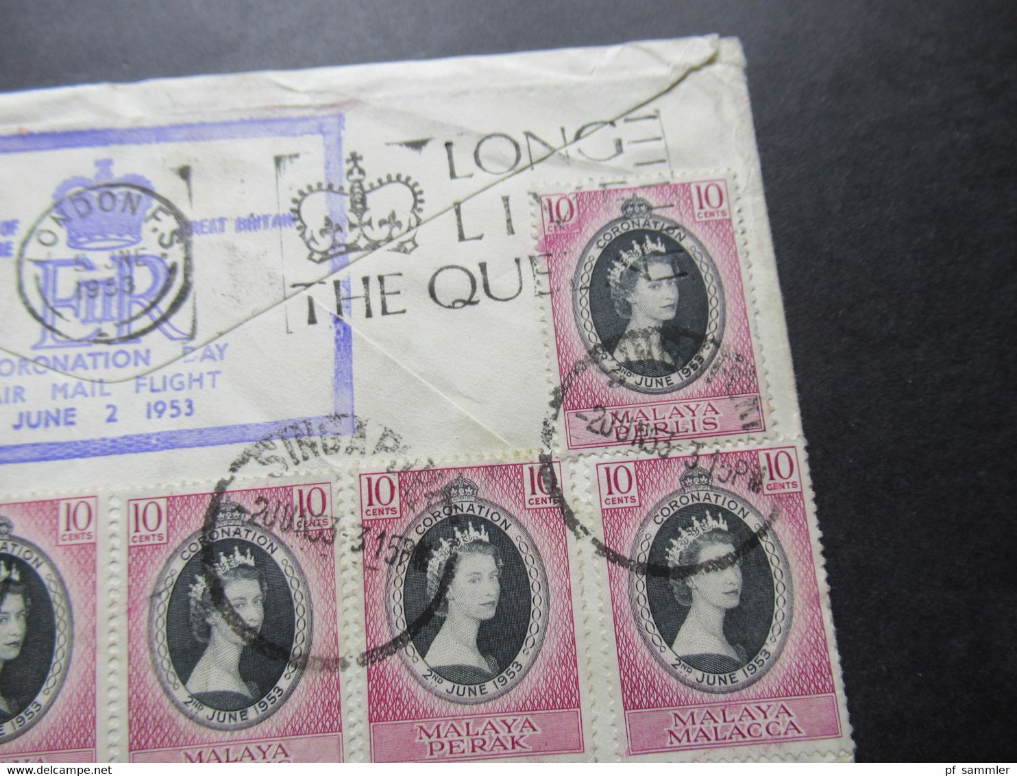 Quantas 2 Sonderbelege  1953 Coronation Elizabeth rückseitig weitere Marken und Stempel Colony of Singapore / Long live