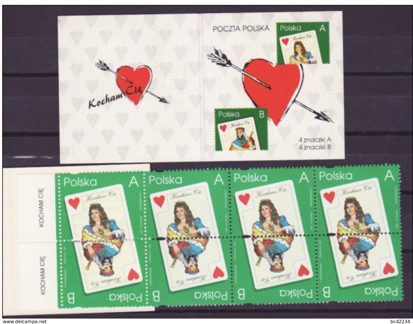 POLAND 1997 KOCHAM CIE I LOVE YOU BOOKLET COMPLETE VALENTINES DAY Mi No 3634-35 MNH Fi 10 Heart Cupid Playing Card Queen - Cuadernillos