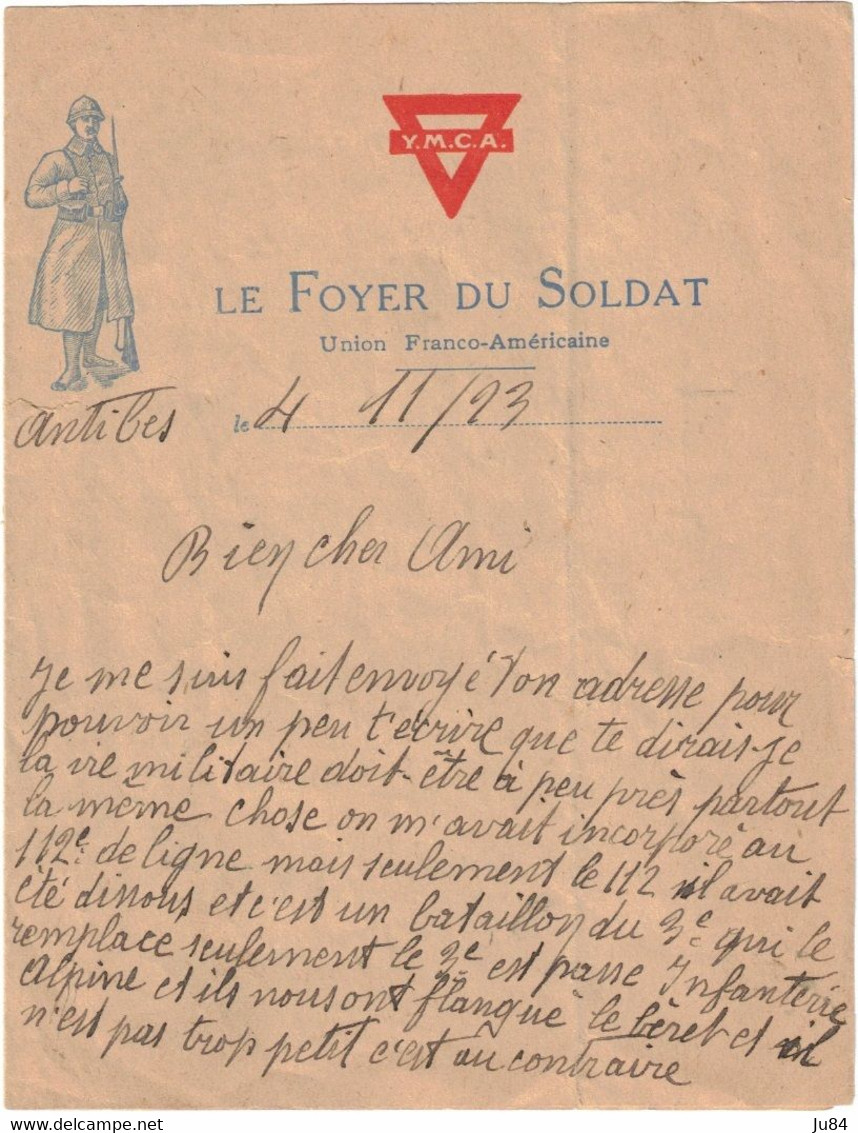 Alpes Maritimes - Antibes - Le Foyer Du Soldat - Union Franco-Américaine - Lettre Soldat - Infanterie Alpine - 1923 - Altri & Non Classificati