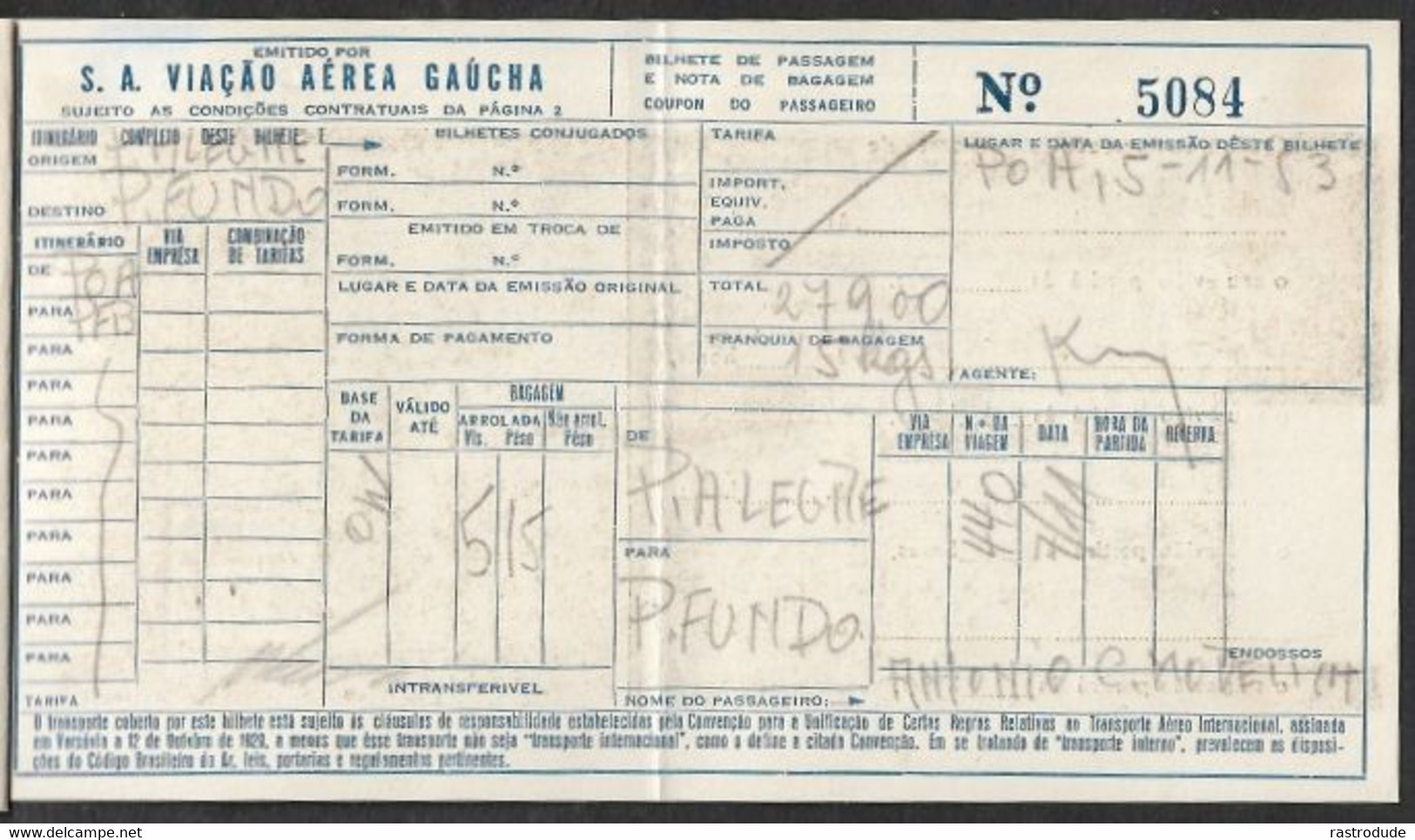 1953. BRASIL BRAZIL - S.A VIAÇAO AÉREA GAÚCHO SAVAG FLIGHT TICKET BILHETES DE VÔO - RARE - Welt