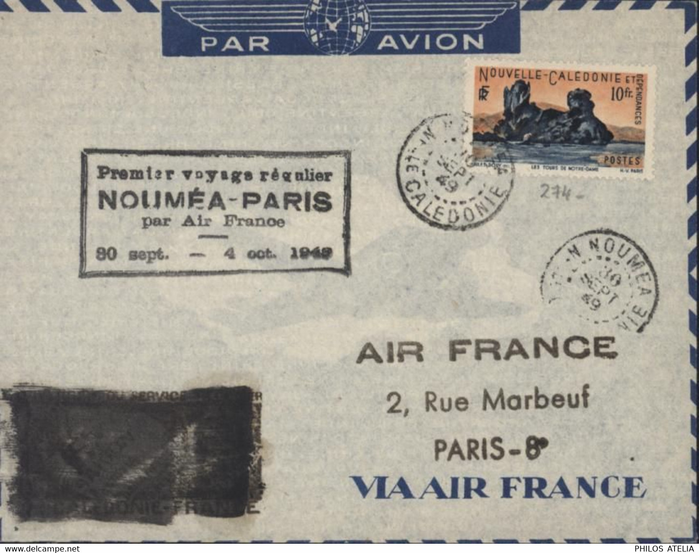 Cachet Premier Voyage Régulier Nouméa Paris Par Air France YT Nouvelle Calédonie 274 CAD Nouméa 30 SEPT 49 Par Avion - Cartas & Documentos