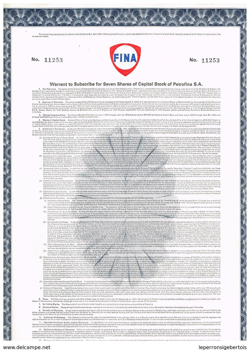 Titre Ancien - FINA  - Warrant Permettant De Souscrire à Des Actions Petrofina - N° 11259 - Petrolio