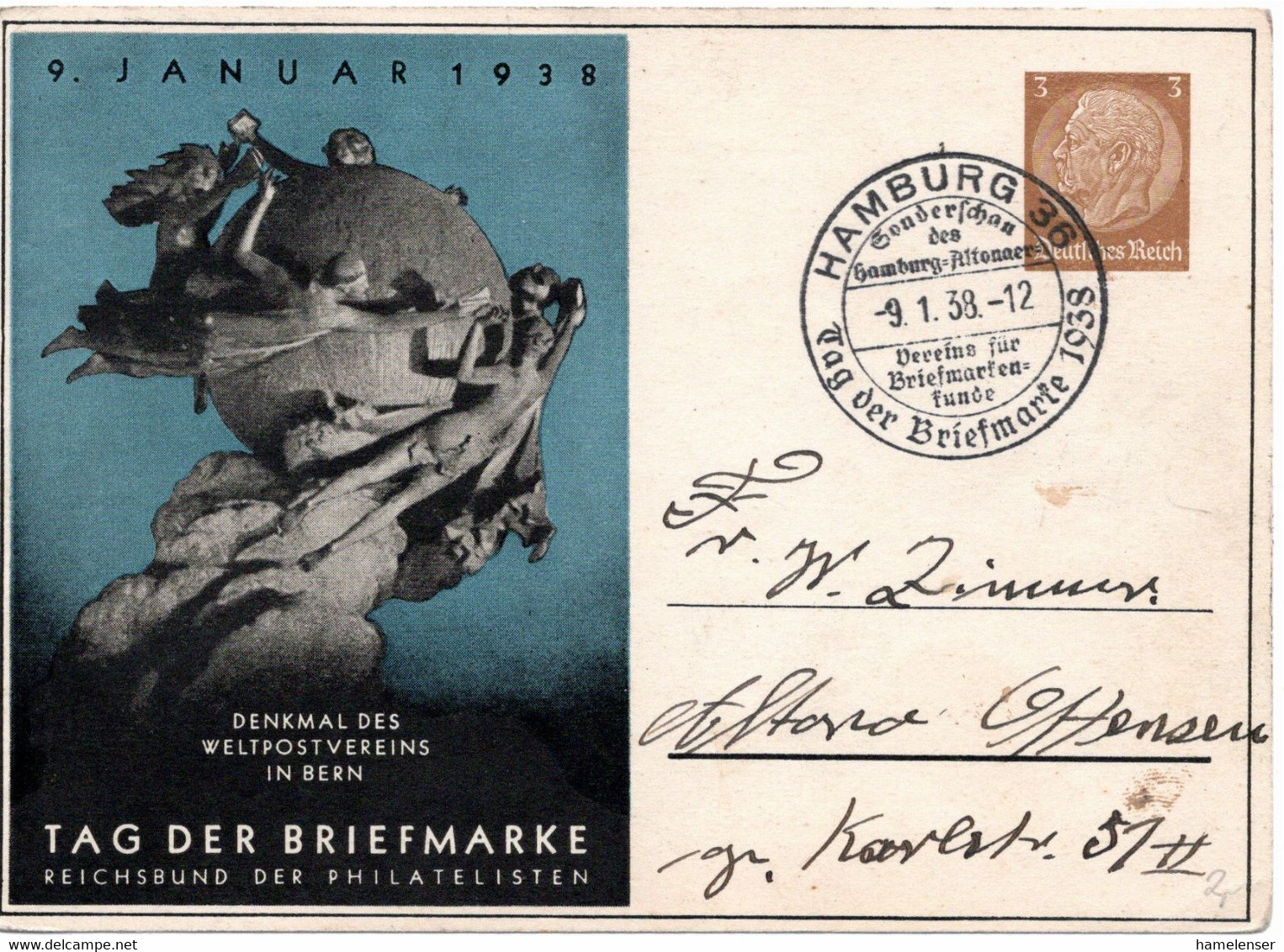 54748 - Deutsches Reich - 1938 - 3Pfg Hindenburg PGAte "Tag Der Briefmarke / UPU" SoStpl HAMBURG ... -> Altona - Stamp's Day