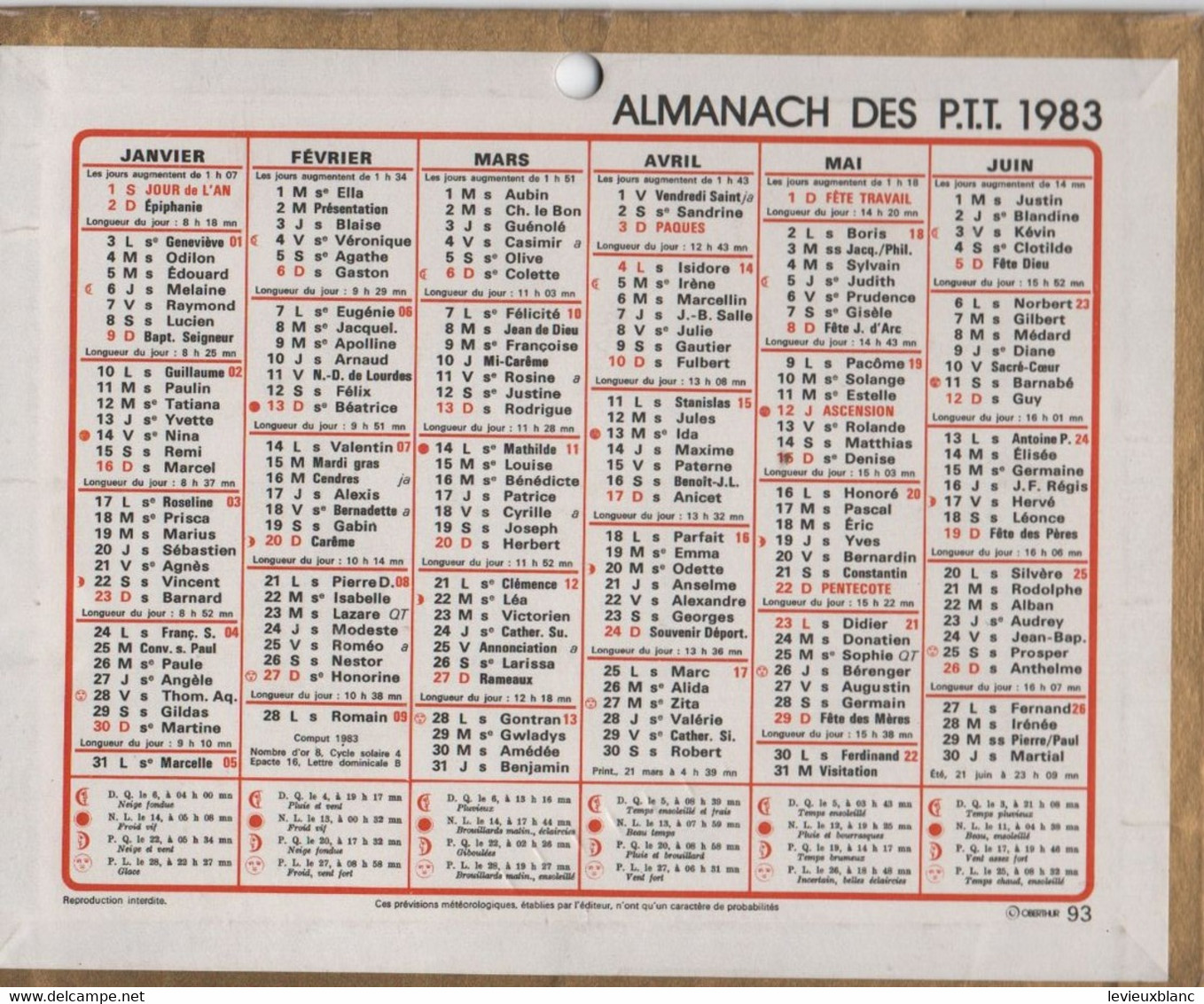 Almanach Des PTT/Petit Calendrier Mural Recto-Verso/ Oberthur 93/1983             CAL497 - Petit Format : 1981-90