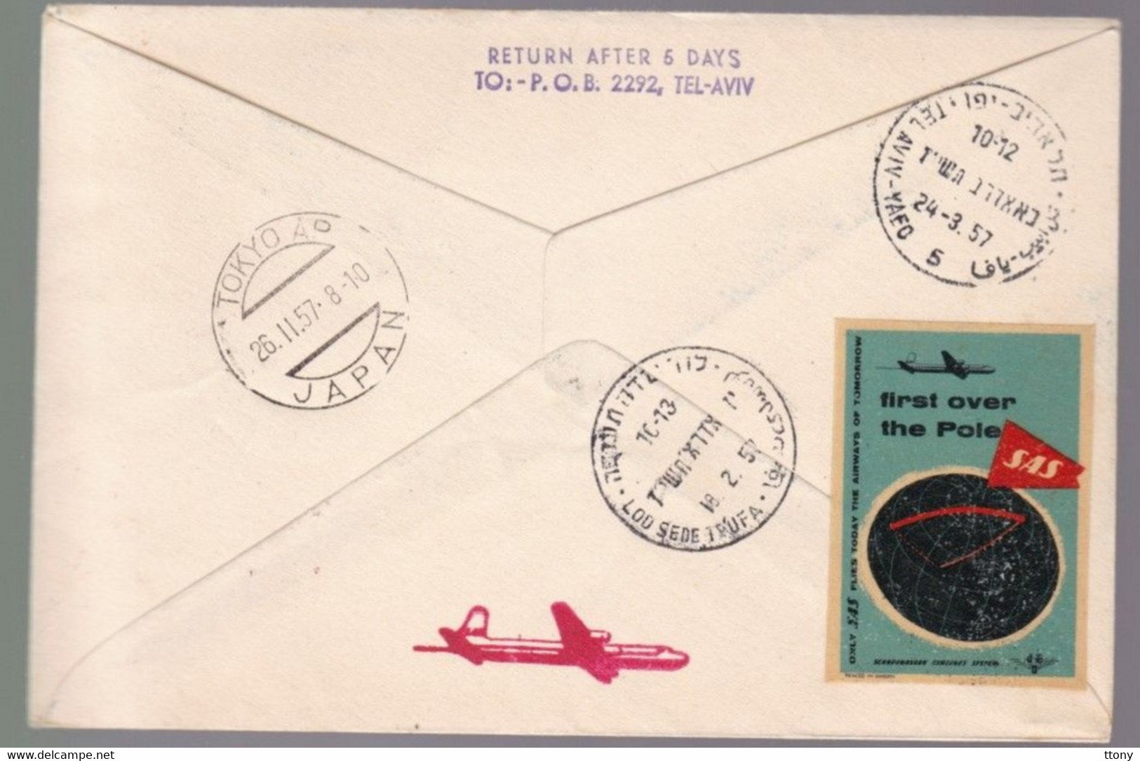 1 Timbre  500  Israël Sur Enveloppe Année 1957   LOD - Stockholm - Tokyo  Destination Japon - Aéreo