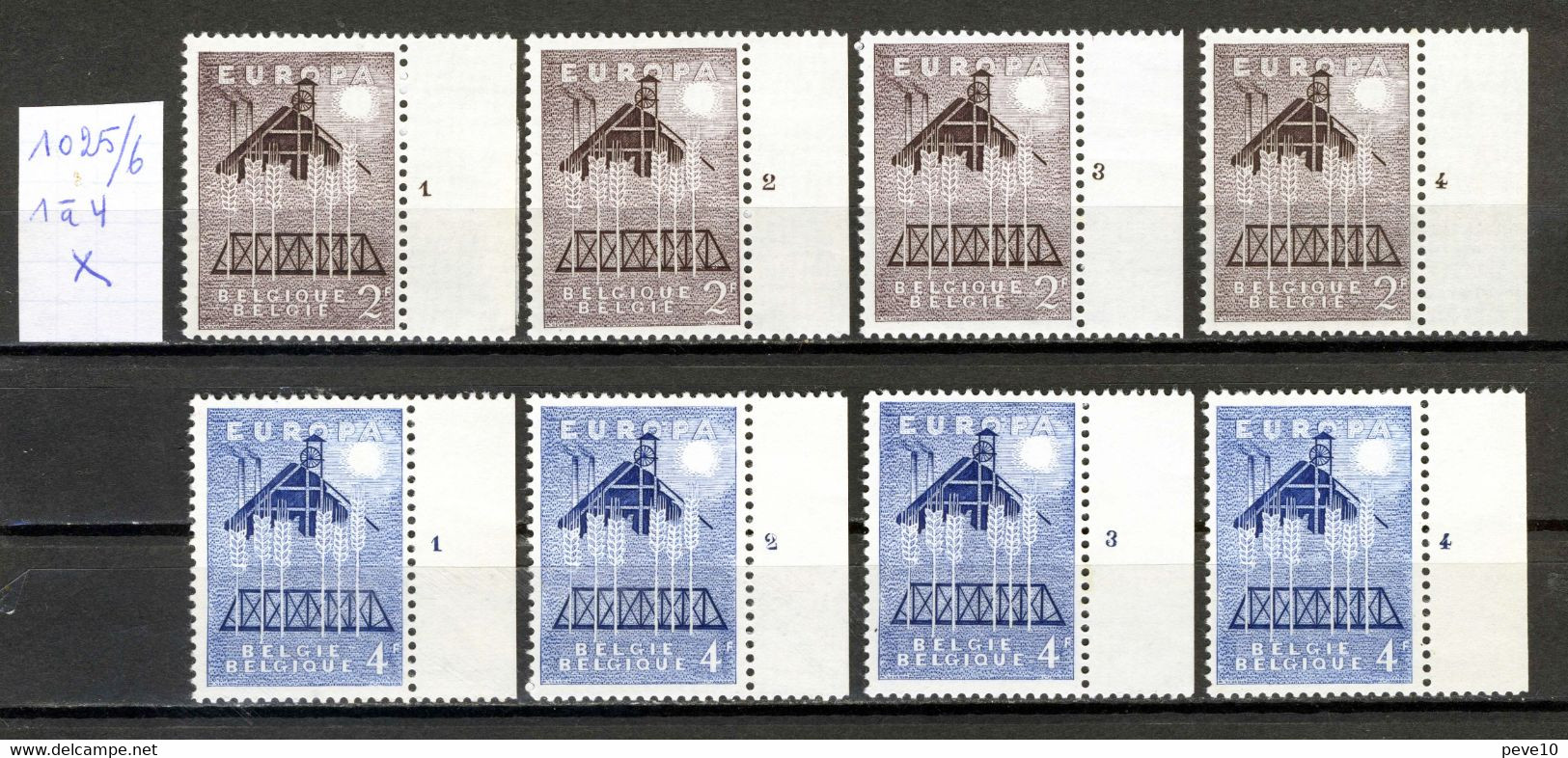 Belgique  Europa  N° 1025/6 Pl 1à 4 X   (charnières Légères) - 1961-1970