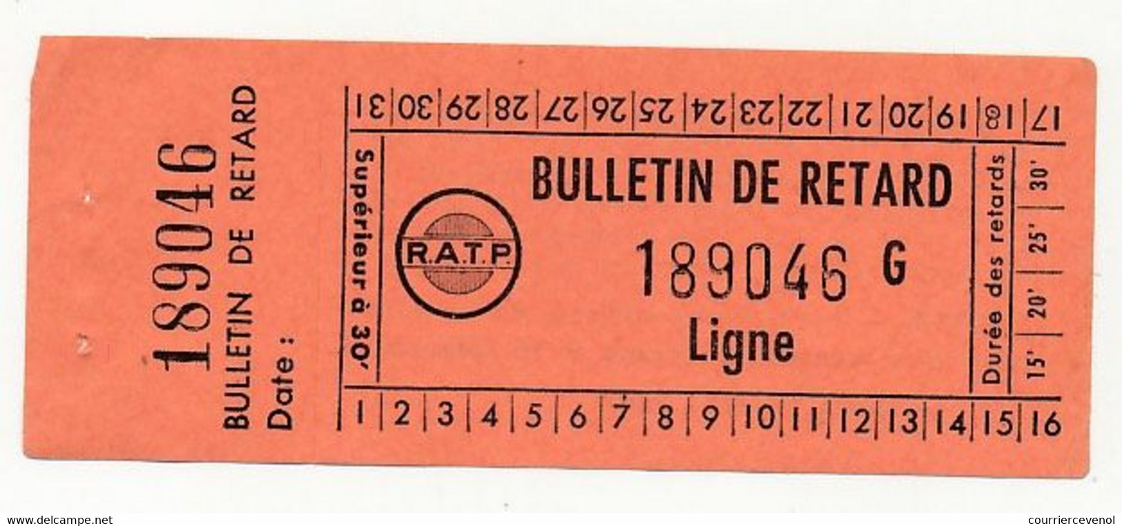 PARIS R.A.T.P. - Bulletin De Retard RATP (Réseau Routier) Avec Sa Souche - 189046 G - Europe