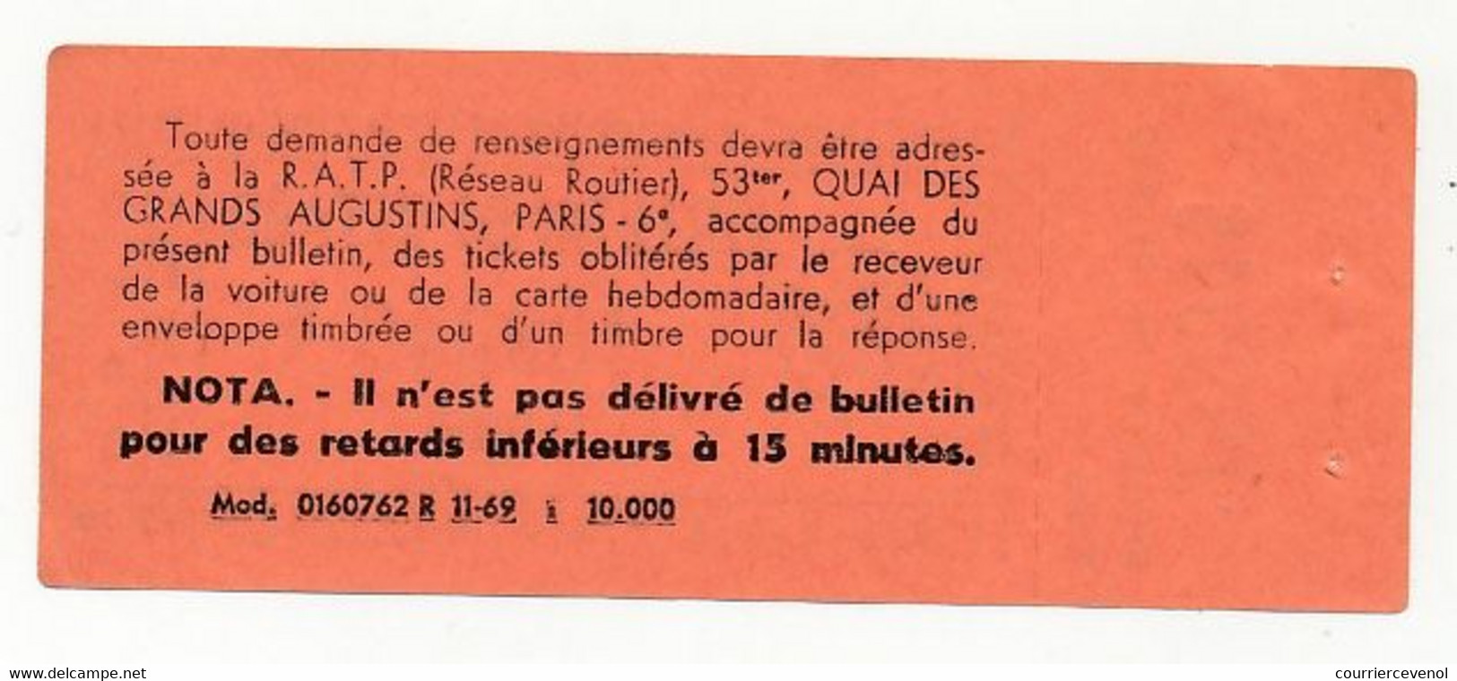 PARIS R.A.T.P. - Bulletin De Retard RATP (Réseau Routier) Avec Sa Souche - 189046 G - Europa