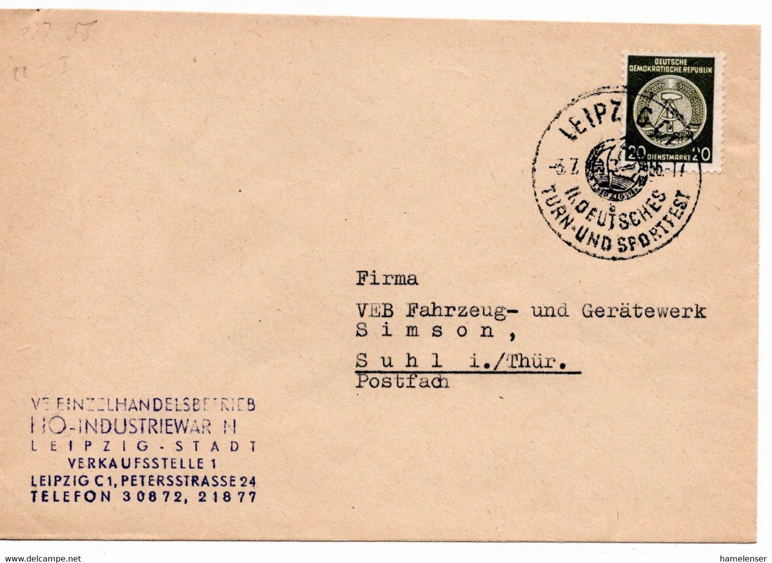 54806 - DDR / Dienst - 1956 - 20Pfg Zirkel Rechts EF A Bf LEIPZIG - II.DEUTSCHES TURN- UND SPORTFEST ... -> Suhl - Gymnastiek