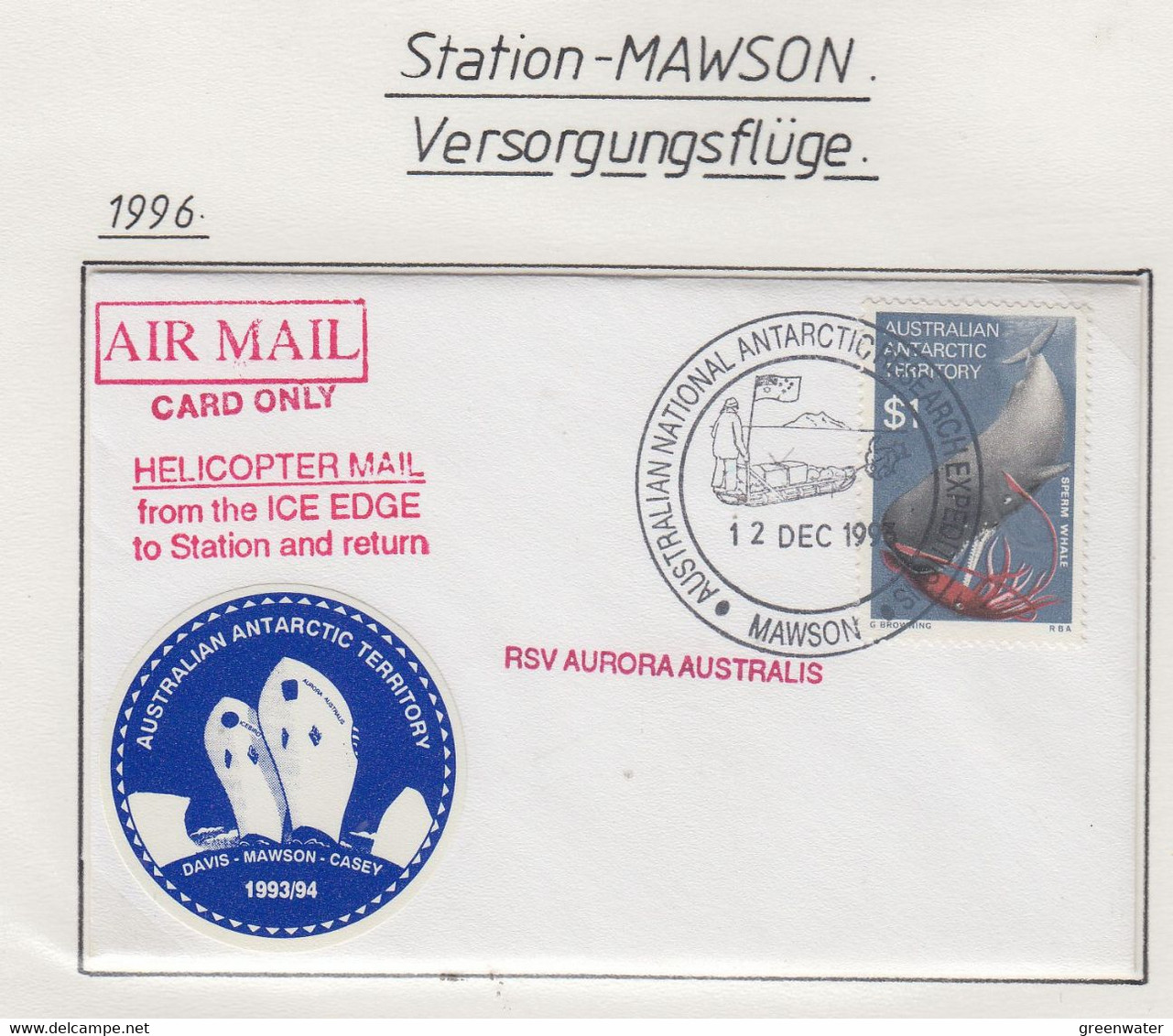 AAT Mawson Station Small Cover Heliflight From The Ice Edge To Mawson And Return Ca Mawson 12 DEC 1996 (MN171A) - Autres & Non Classés