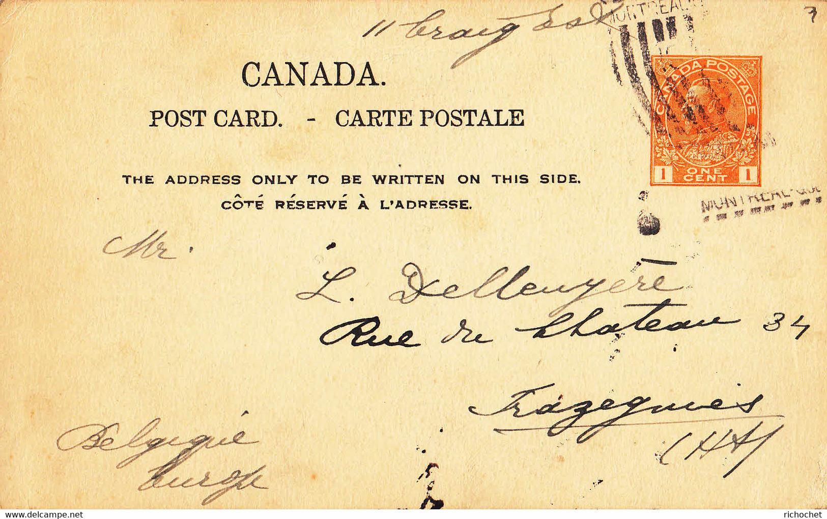 Canada -Entier Postal Georges V 1ct Orange ° De Montréal à Trazegnies Belgique 23/03/1923 - 1903-1954 Kings
