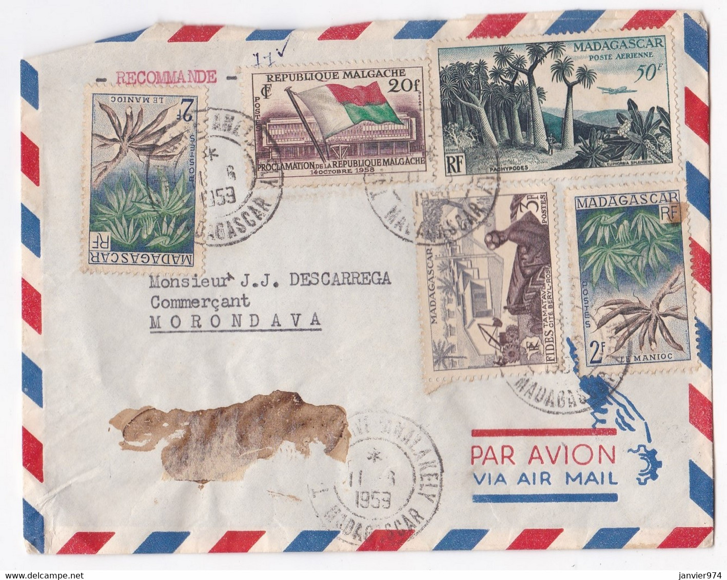 Lettre Recommandé 1959 Madagascar Tananarive Pour Morondava , 5 Timbres - Lettres & Documents