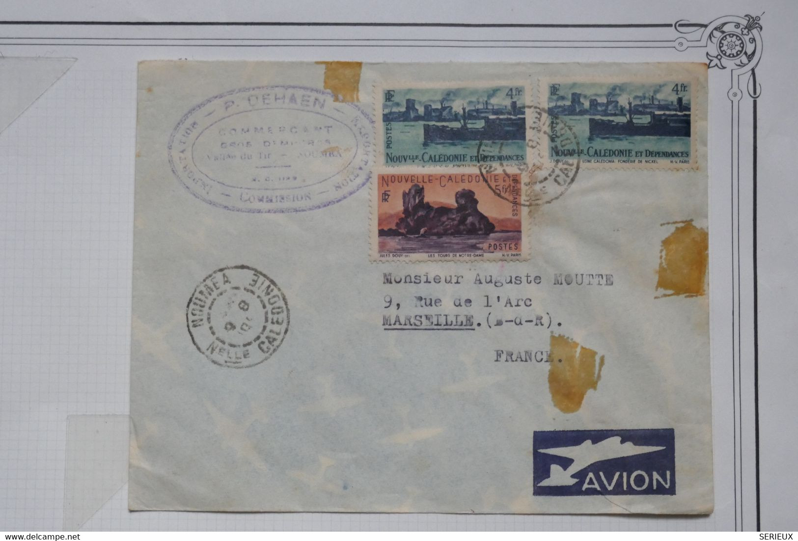 BF1 NOUVELLE CALEDONIE LETTRE   1950  PAR AVION  NOUMEA  A  MARSEILLE FRANCE + +AFFRANCH. INTERESSANT - Lettres & Documents