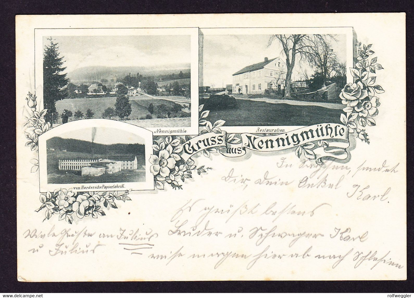 1900 Mit Bahnpost Gelaufene AK: Gruss Aus Nennigmühle, 3 Bildrig. Stempel NEUHAUSEN-POCKAU-LENGEFELD. - Lengefeld