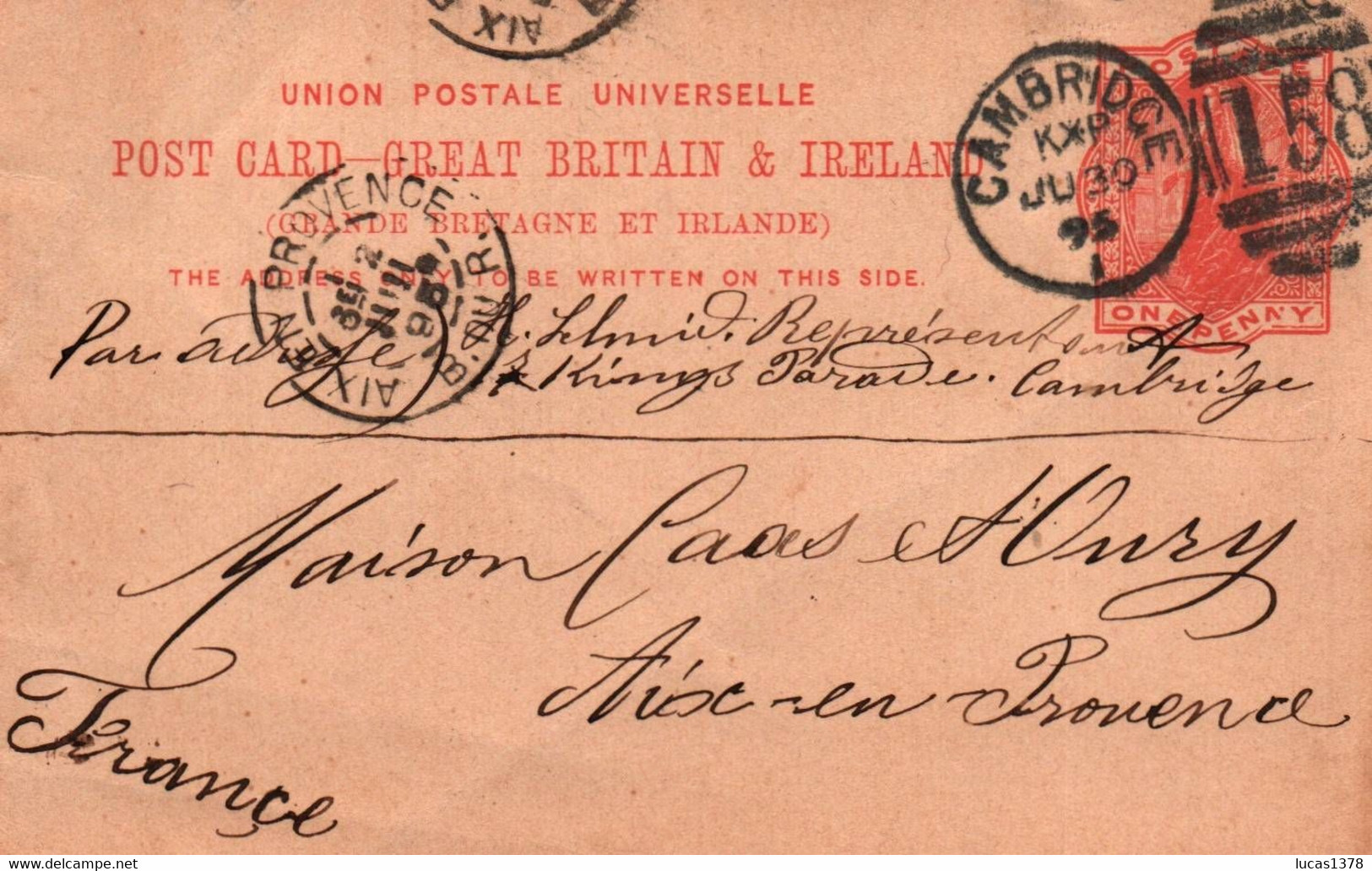 CP POSTMARK Entier Postal Great Britain & Ireland R U& Irlande 30/06/1895 One Penny From CAMBRIDGE TO AIX EN PROVENCE - Lettres & Documents