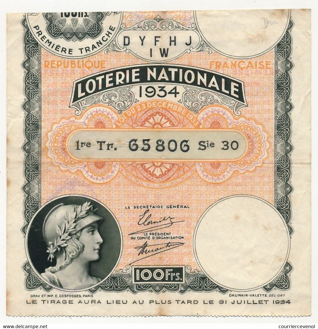 FRANCE - Loterie Nationale - Billet 1ere Tranche 1934 - Loterijbiljetten